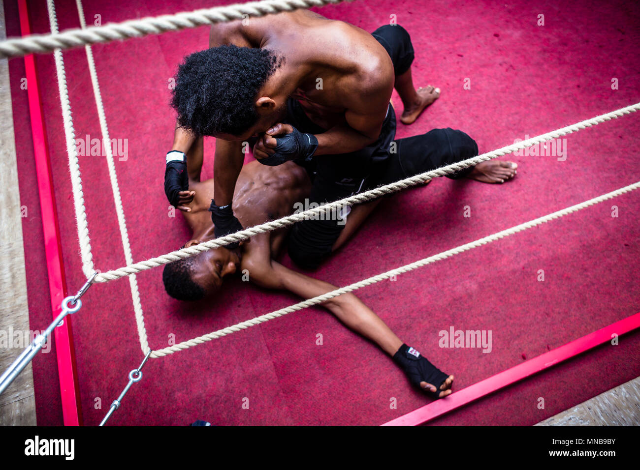 High angle view of African American fighter punching his opponent Stock Photo