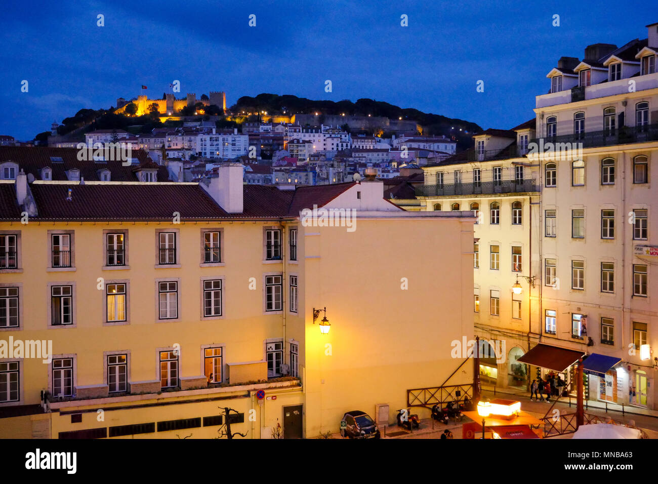Saint Gerge castle - Sao Jorge castelo -, seen from Rossio raiilway station, Lisbon, Portugal Stock Photo