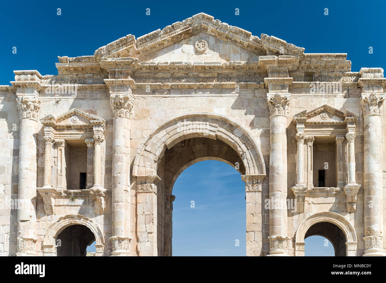 Jerash is the site of the ruins of the Greco-Roman city of Gerasa, also referred to as Antioch on the Golden River. Stock Photo
