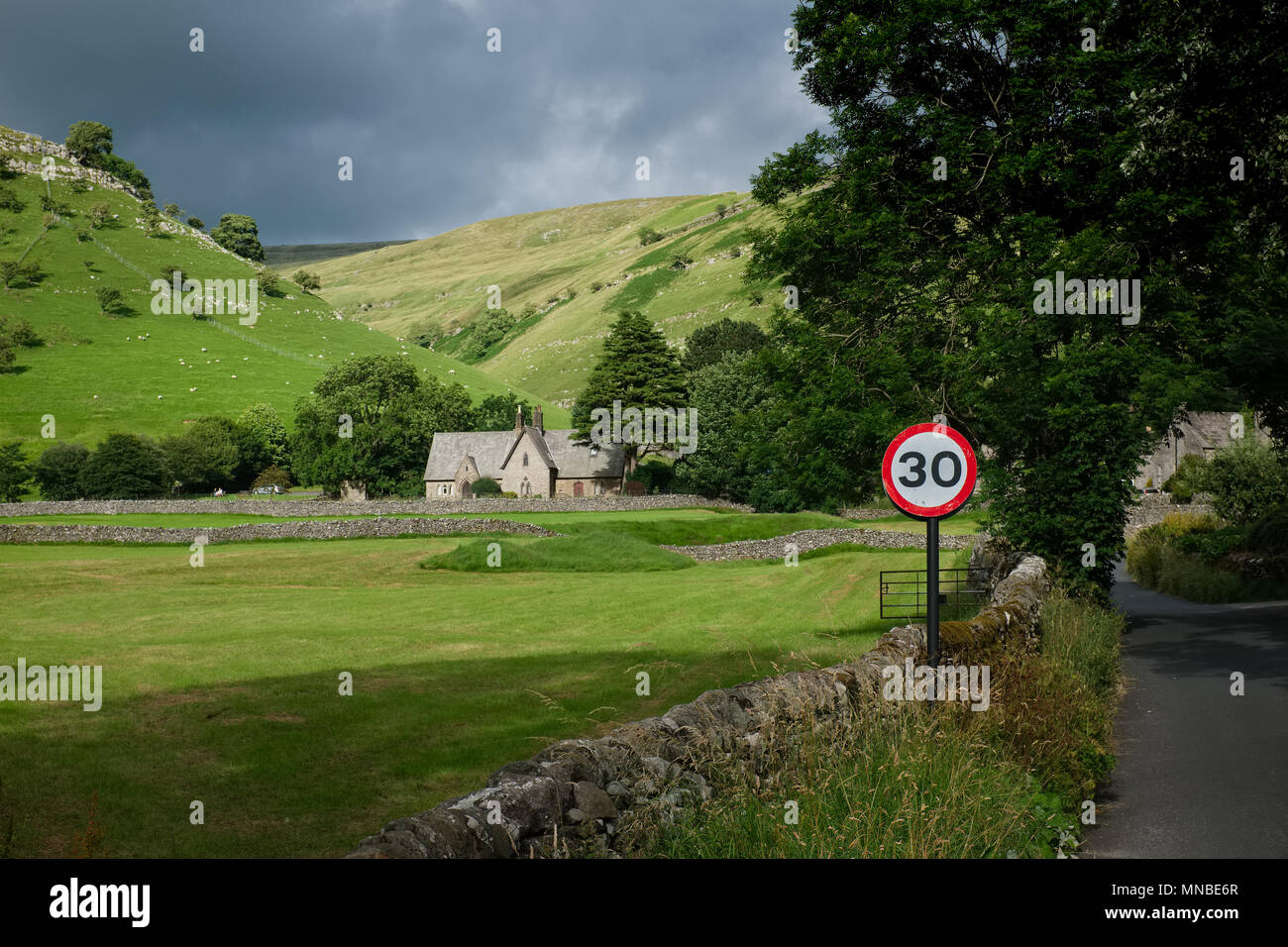 Chapel of Buckden in the green fields of North Yorkshire, England Stock
