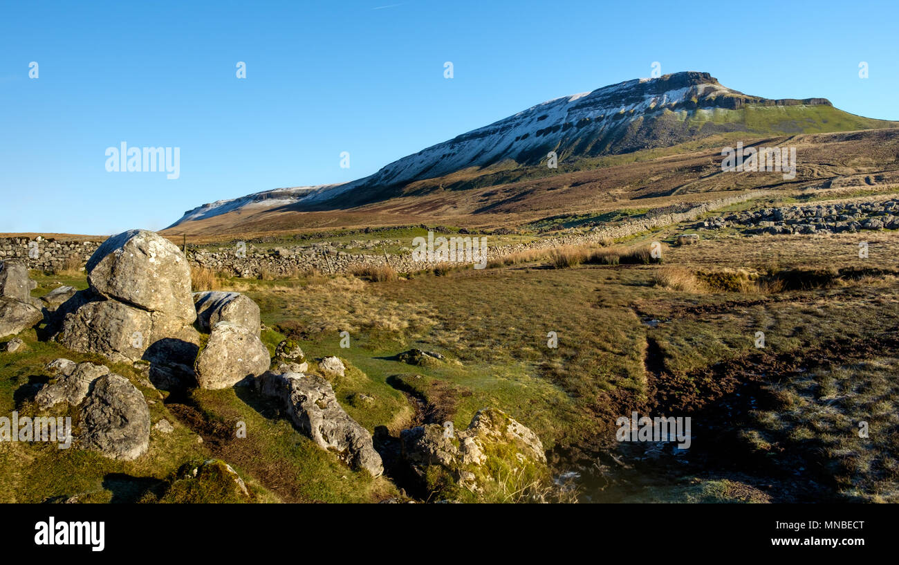 View on snowcapped Pen-y-Ghent in the Yorkshire Dales in England. Stock Photo