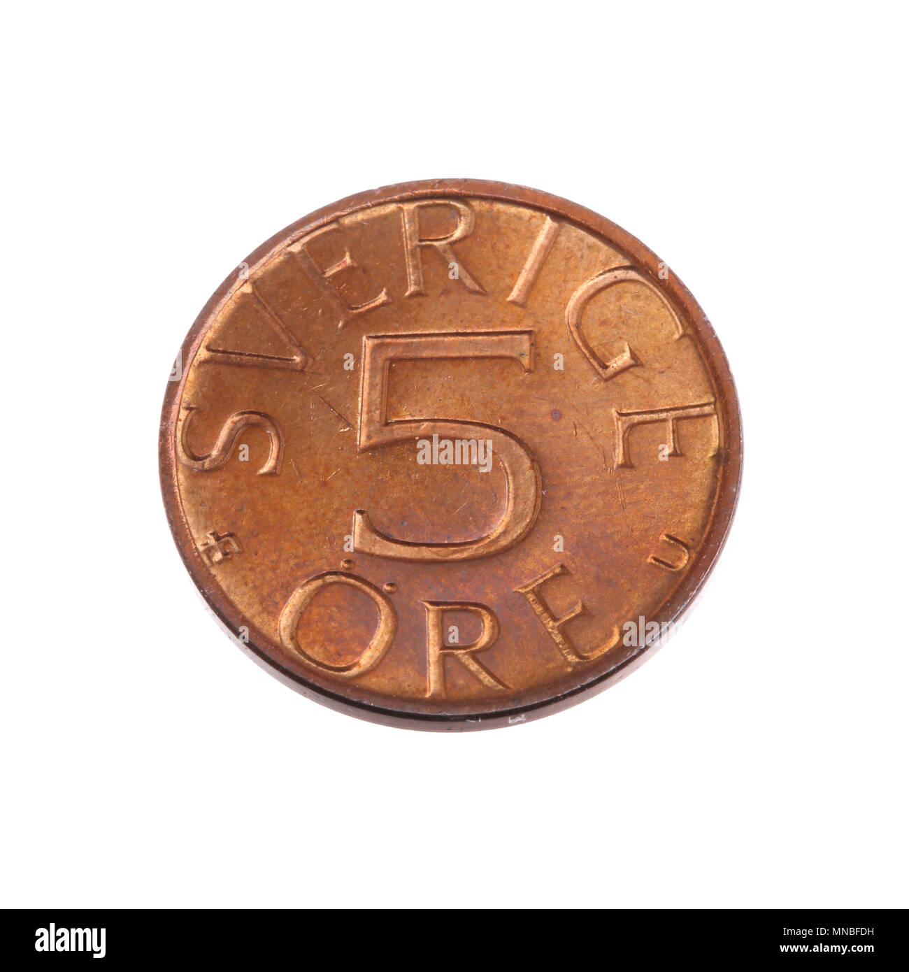 Swedish obsolet copper coin 5 ore coind 1976 isolated on white backgrouns. Stock Photo