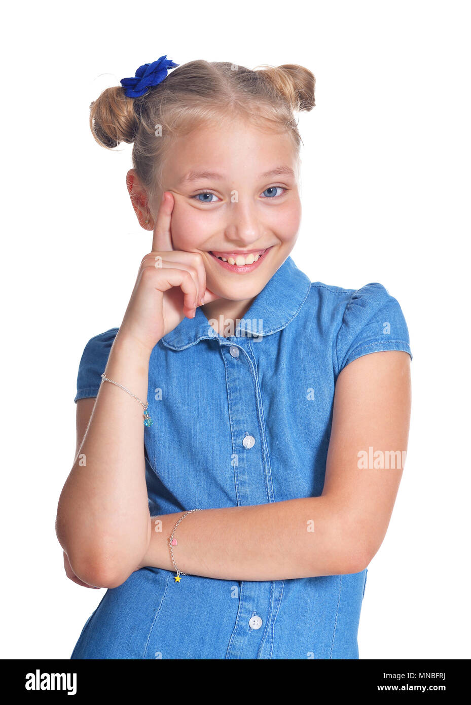 emotional little girl in blue shirt Stock Photo Alamy