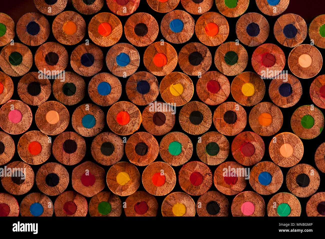 Close-up of multicolored pencils with design elements in rows Stock Photo