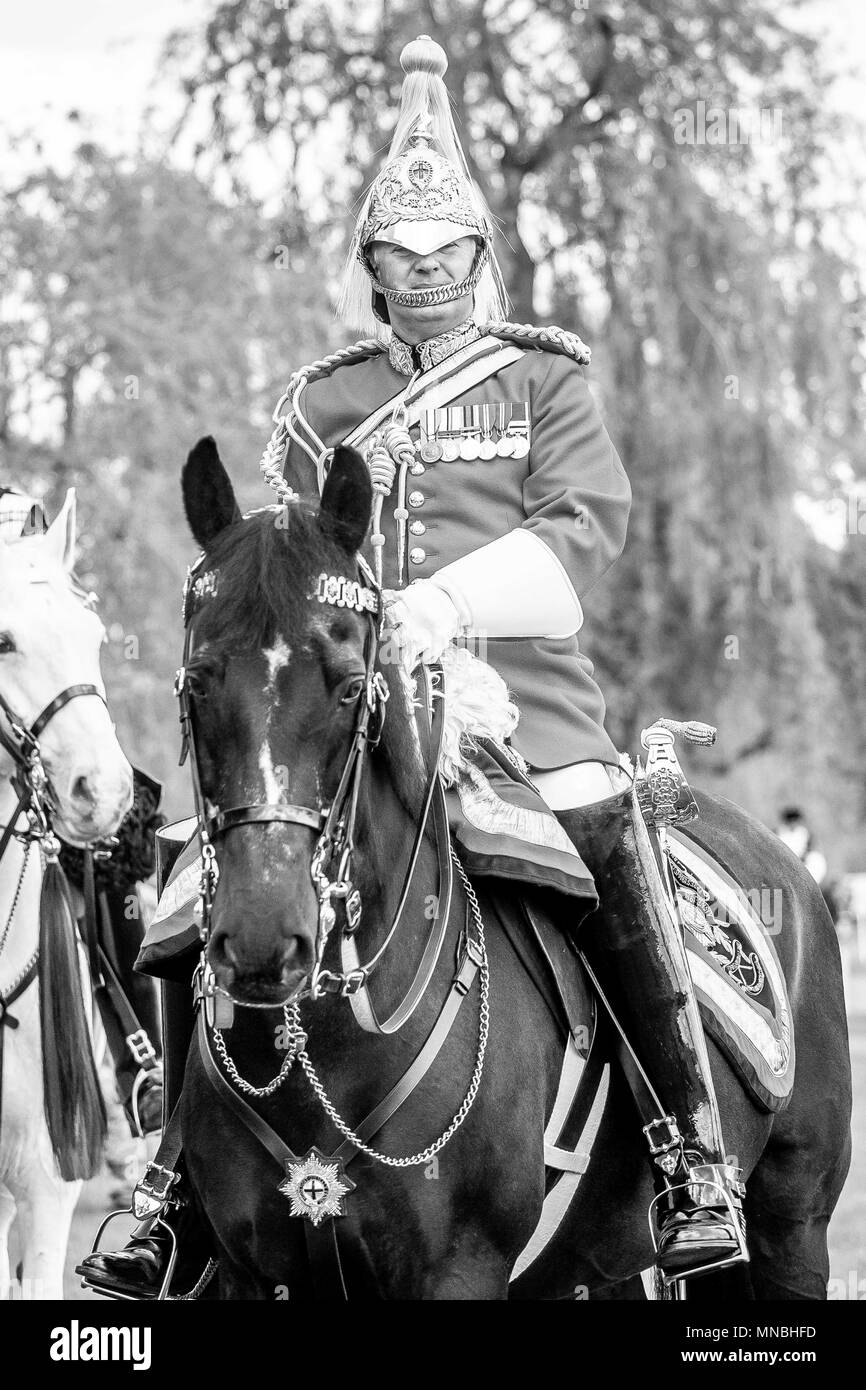 Day 2. Royal Windsor Horse Show. Windsor. Berkshire. UK.  Behind the scenes with the Mounted Band of the Household Cavalry and the Household Cavalry Mounted Regiment. Major Craig Hallatt. Director of Music. 10/05/2018. Stock Photo