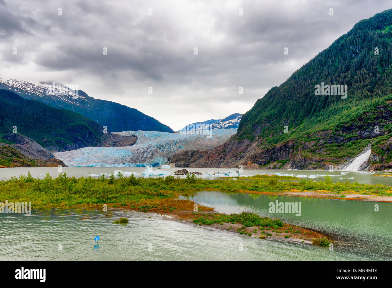Mendenhall Glacier in June under cloudy skies, Juneau Alaska Stock Photo