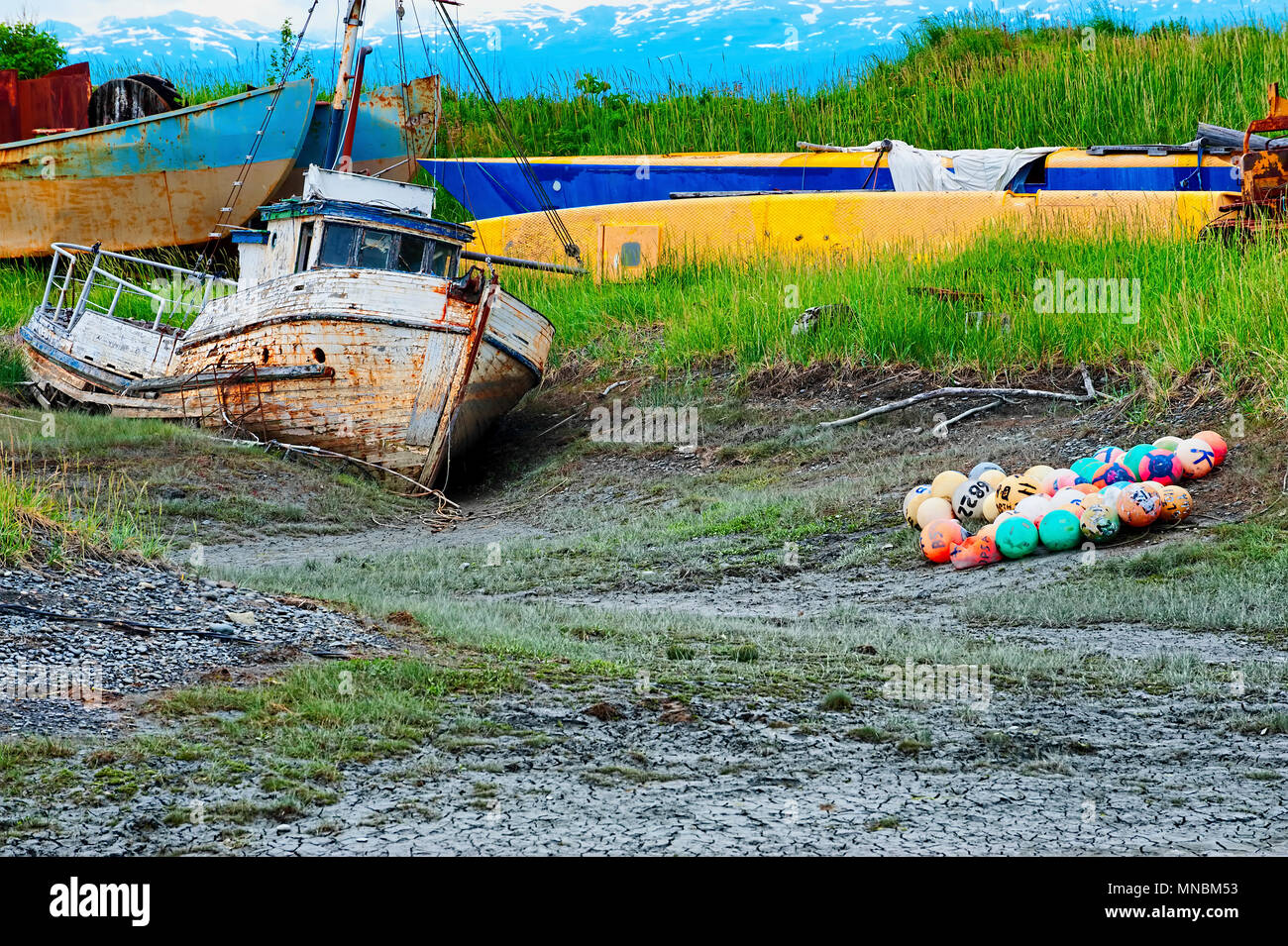 An old abandoned rotting boat sits in a muddy field that appear to be a graveyard for old boats.  Seen from the walking path along Kachemak Bay . Stock Photo