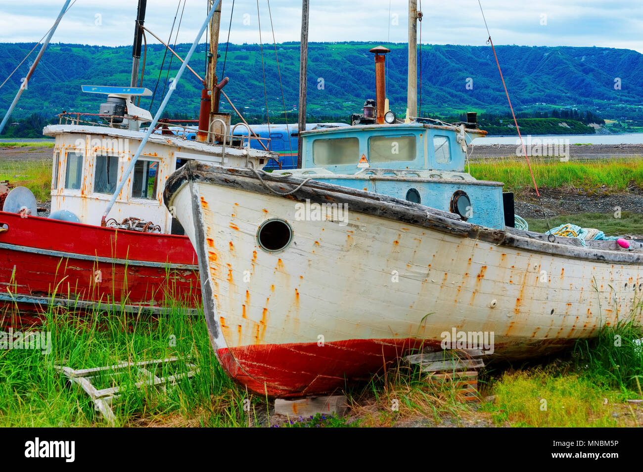 Two decaying abandoned boats in a grassy field seen from walking path along the shores of Kachemak Bay in Homer Alaska. Stock Photo