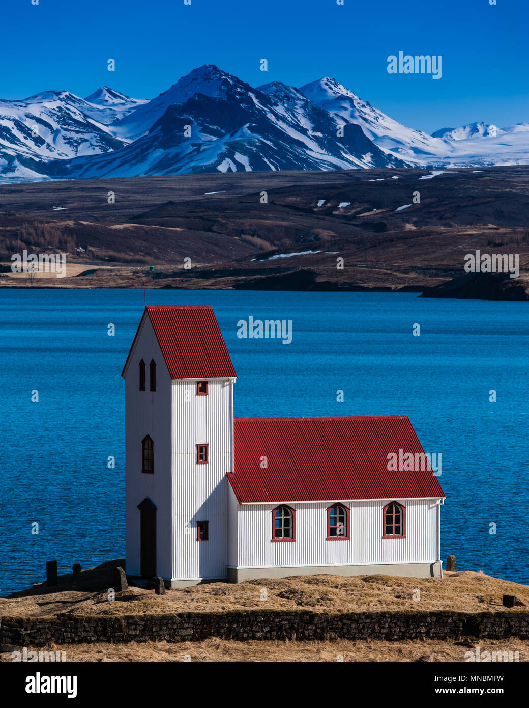 Icelandic chapel at the shore of the Thingvallavatn lake in Thingvellir national park Stock Photo