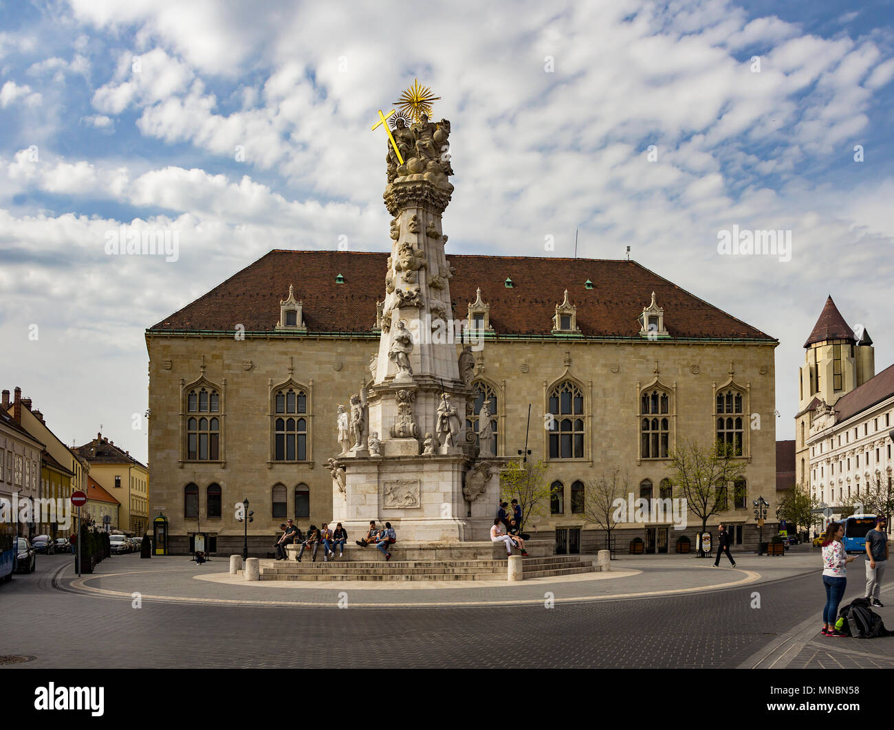 Budapest, Hungary Holy Trinity Square named after the Trinity column, built between 1710-1713, after a large plague. Baroque design by Philipp Ungleic Stock Photo