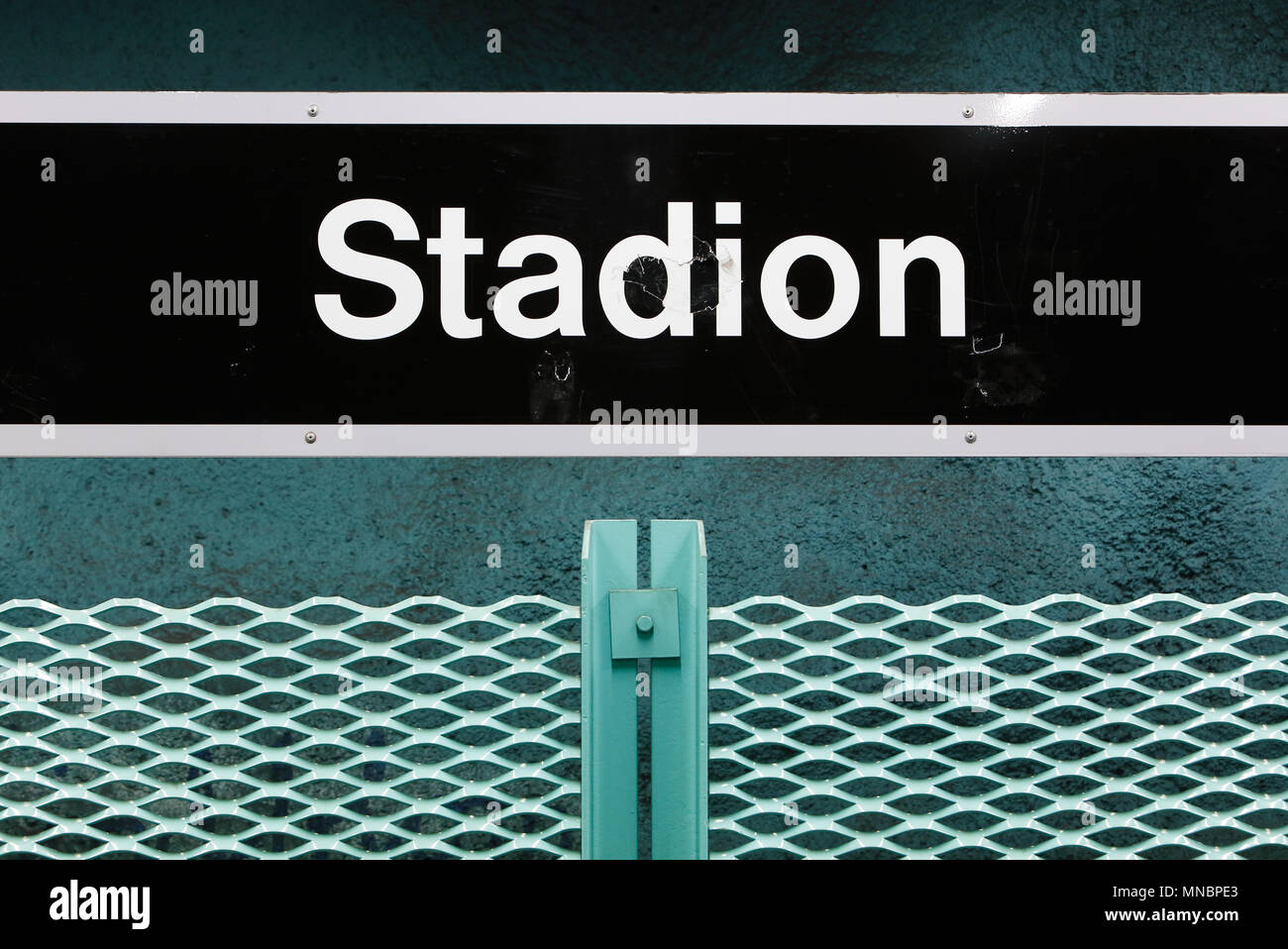 Stockholm, Sweden - December 12, 2013: Close-up of the Stockholm metro underground  station Stadion signage at the platform. Stock Photo