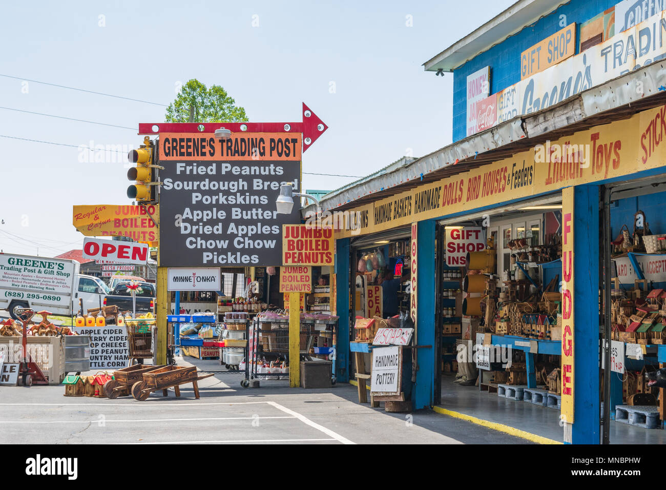 A colorful, tourist-oriented trading post on US 321, outside of Blowing Rock, NC, USA. Stock Photo