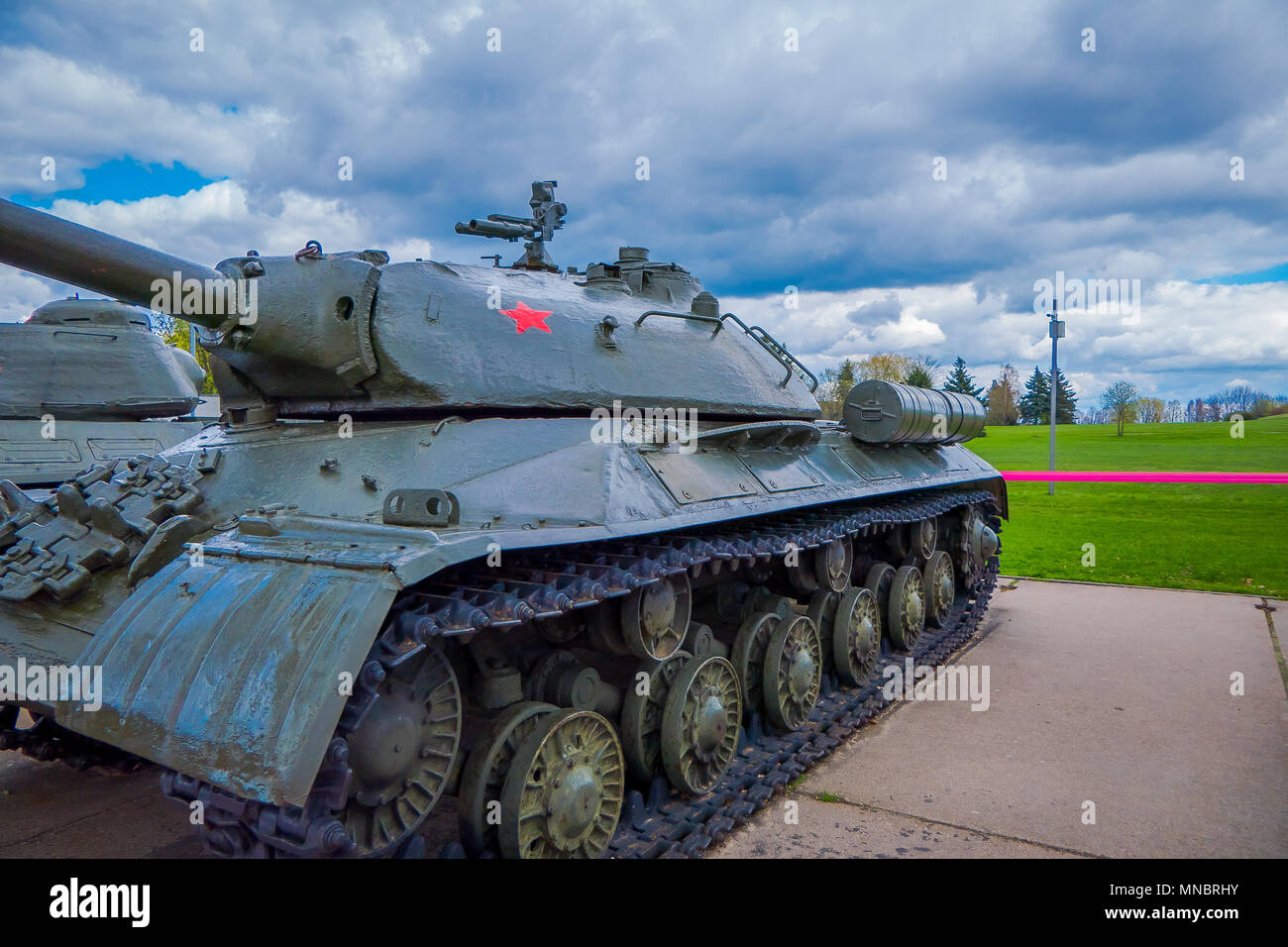 MINSK, BELARUS MAY 01, 2018 Huge tank, militar vehicle, located at