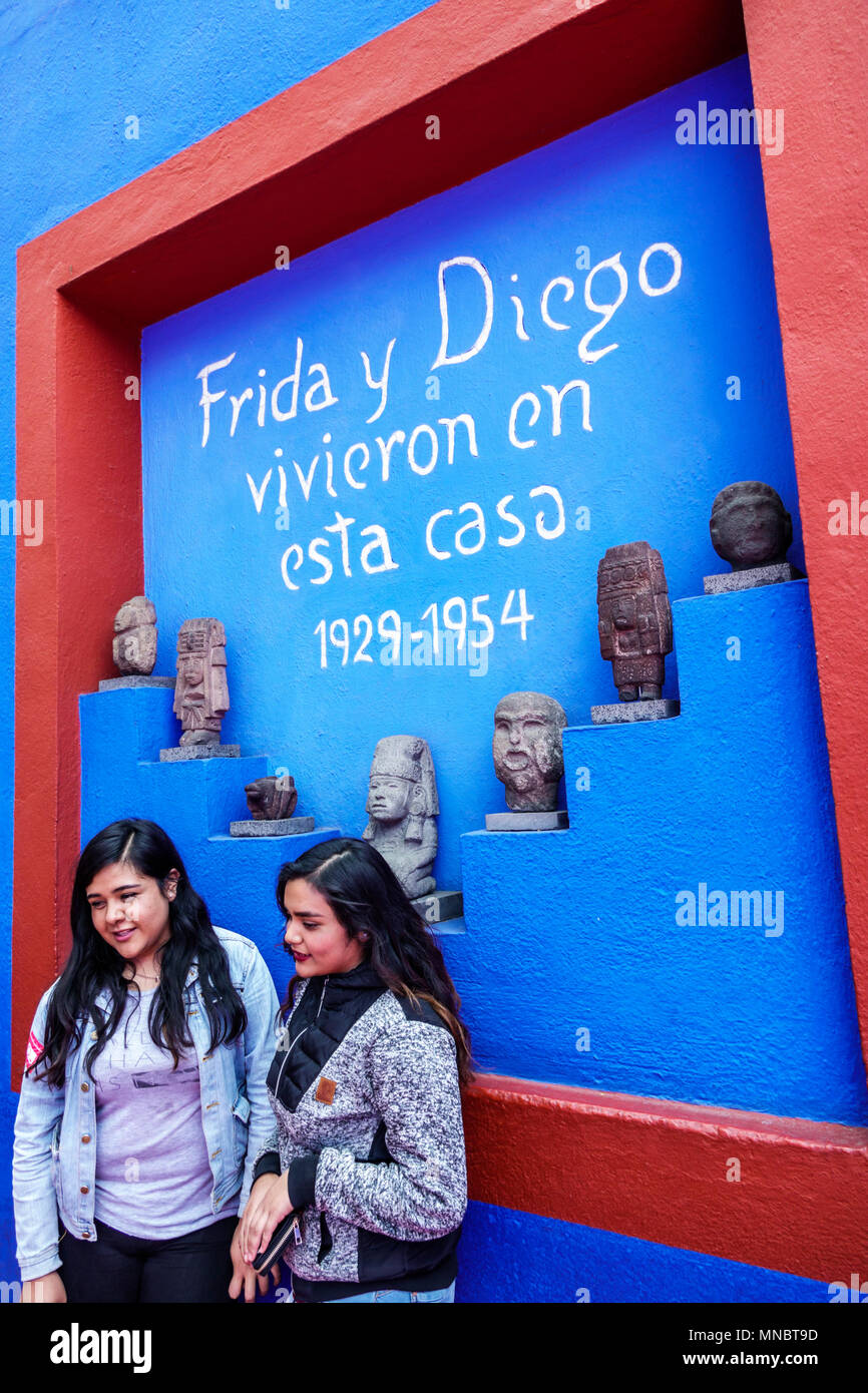 Mexico City,Mexican,Hispanic Latin Latino ethnic minority,Coyoacan,Del Carmen,Frida Kahlo Museum Museo Frida Kahlo,Blue House,interior inside courtyar Stock Photo
