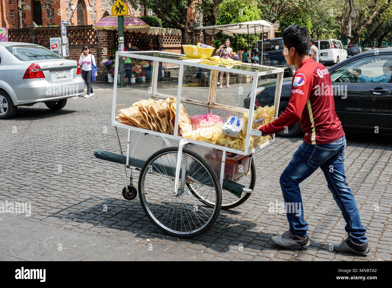Mexico City,Mexican,Hispanic,Coyoacan,Del Carmen,street vendor vendors seller sell selling,stall stalls booth market marketplace,snacks,cart,pushing,w Stock Photo