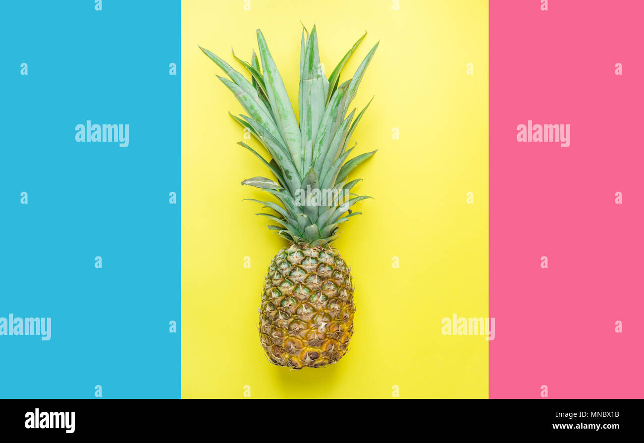 Ripe Pineapple with Bushy Green Leaves on Split Triple Tone Pink Blue Yellow Background. Summer Vacation Travel Tropical Fruits Vitamins Fashion Conce Stock Photo