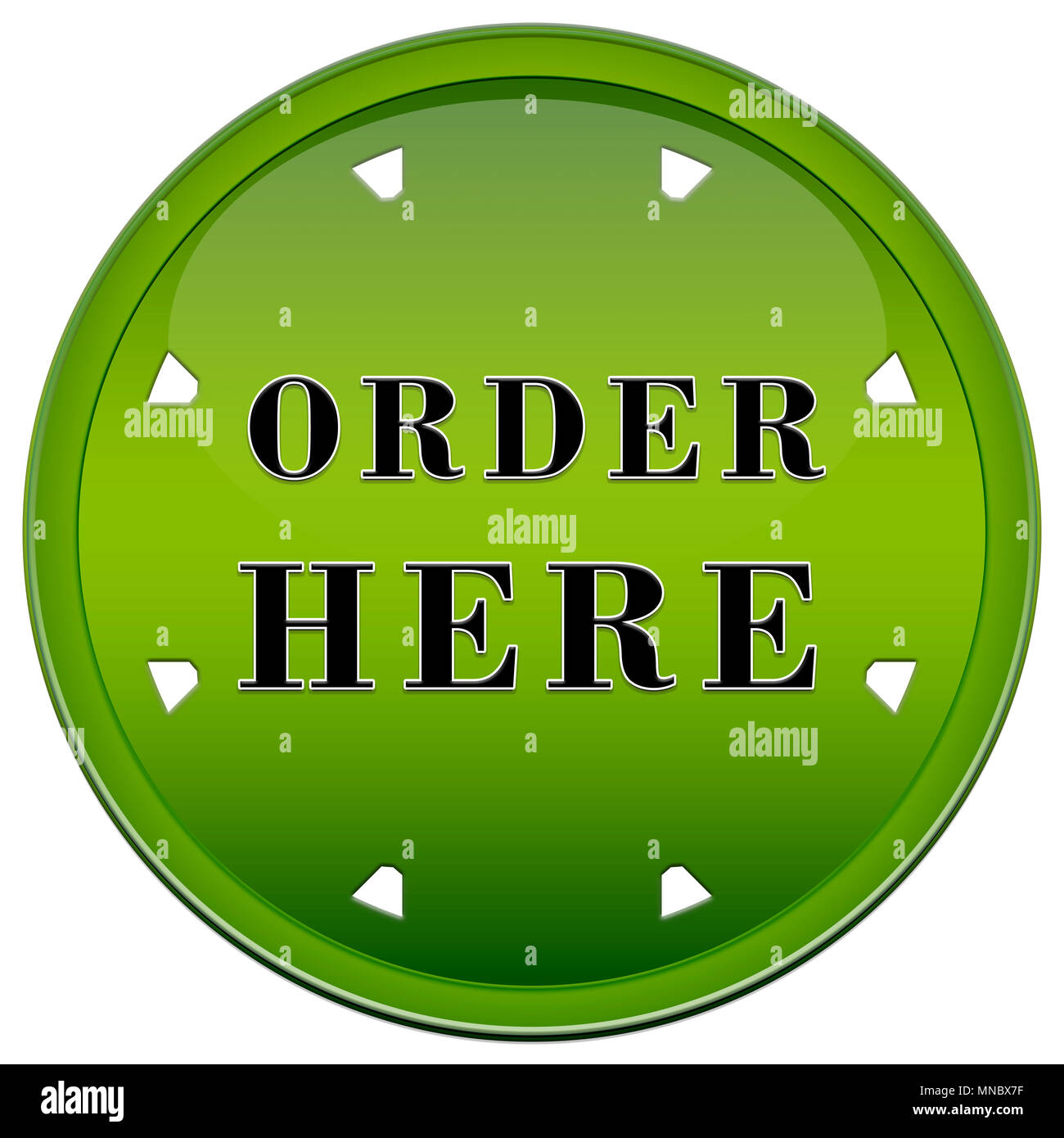 Circular green button order here with arrows on a white background Stock Photo