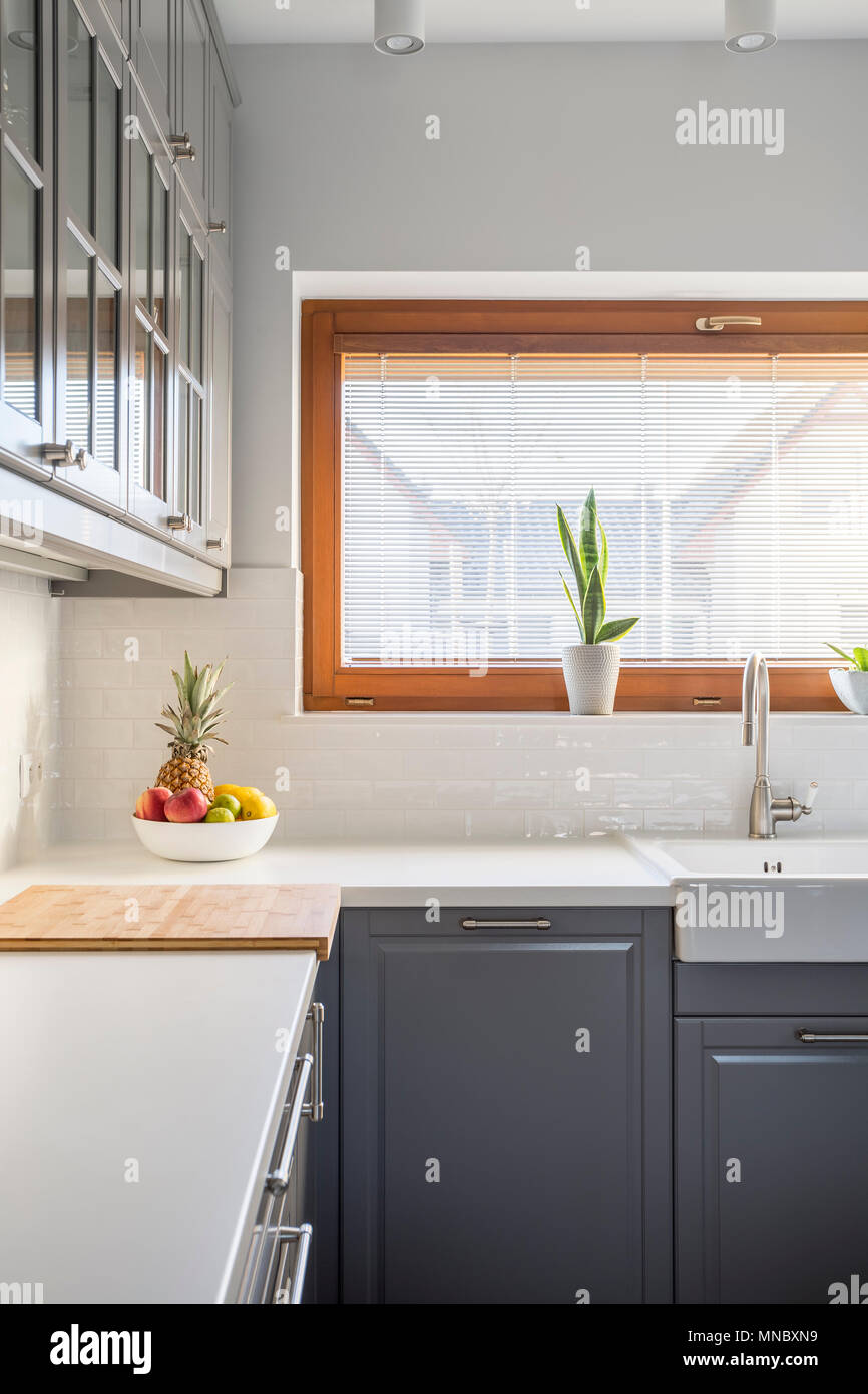 Modern kitchen with window, grey cupboard, white countertop and sink Stock Photo Alamy