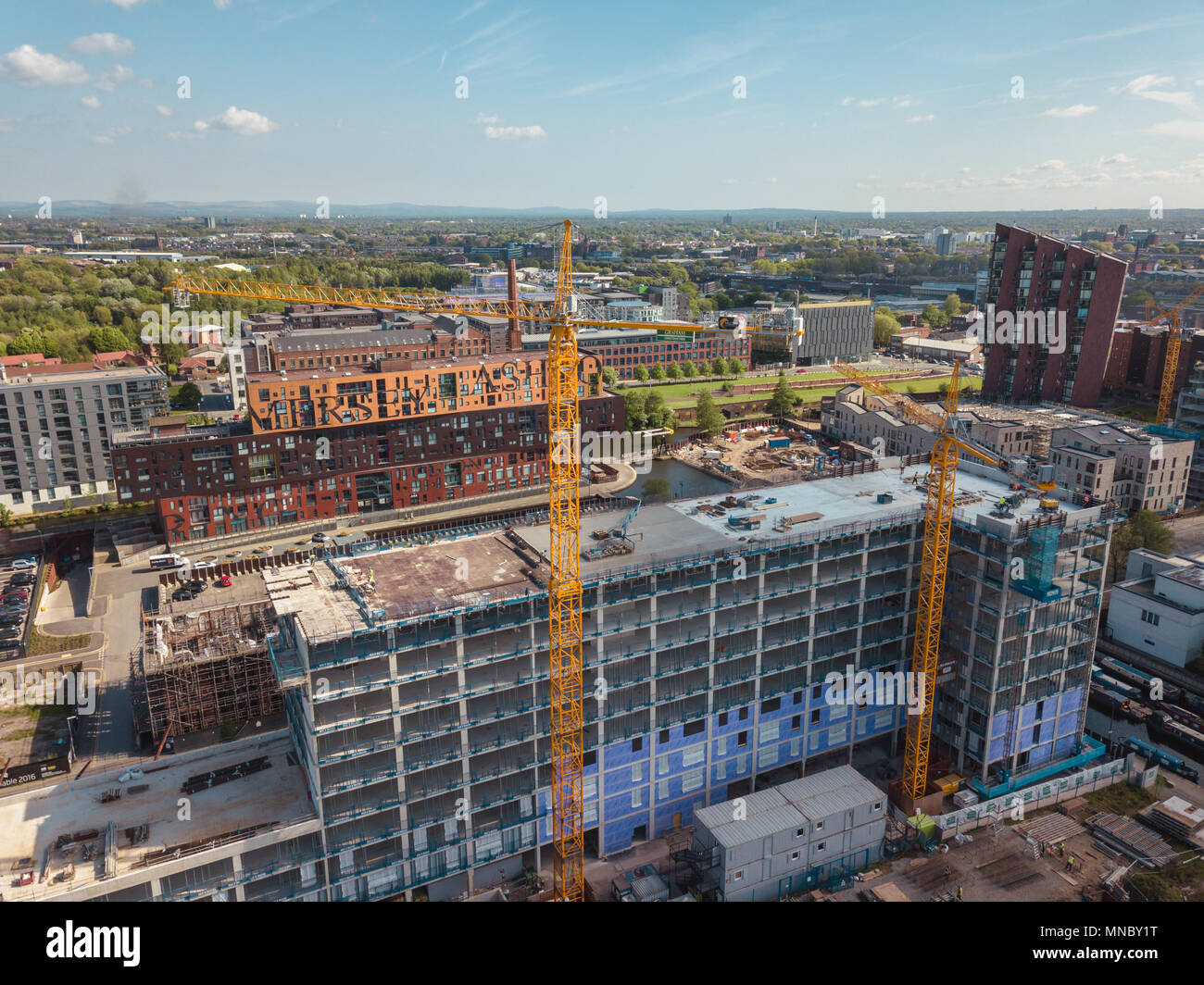 Manchester City Centre Drone Aerial View Above Building Work Skyline Construction Blue Sky Summer Beetham Tower Deansgate Stock Photo