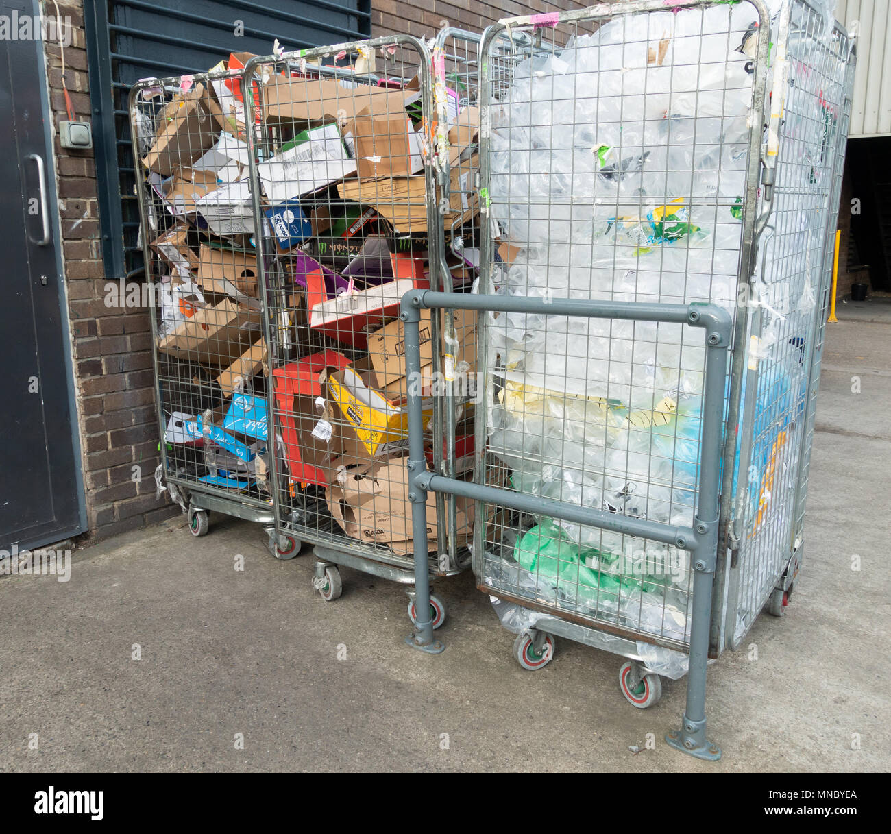 Plastic and cardboard packaging at rear of Asda supermarket. UK Stock Photo