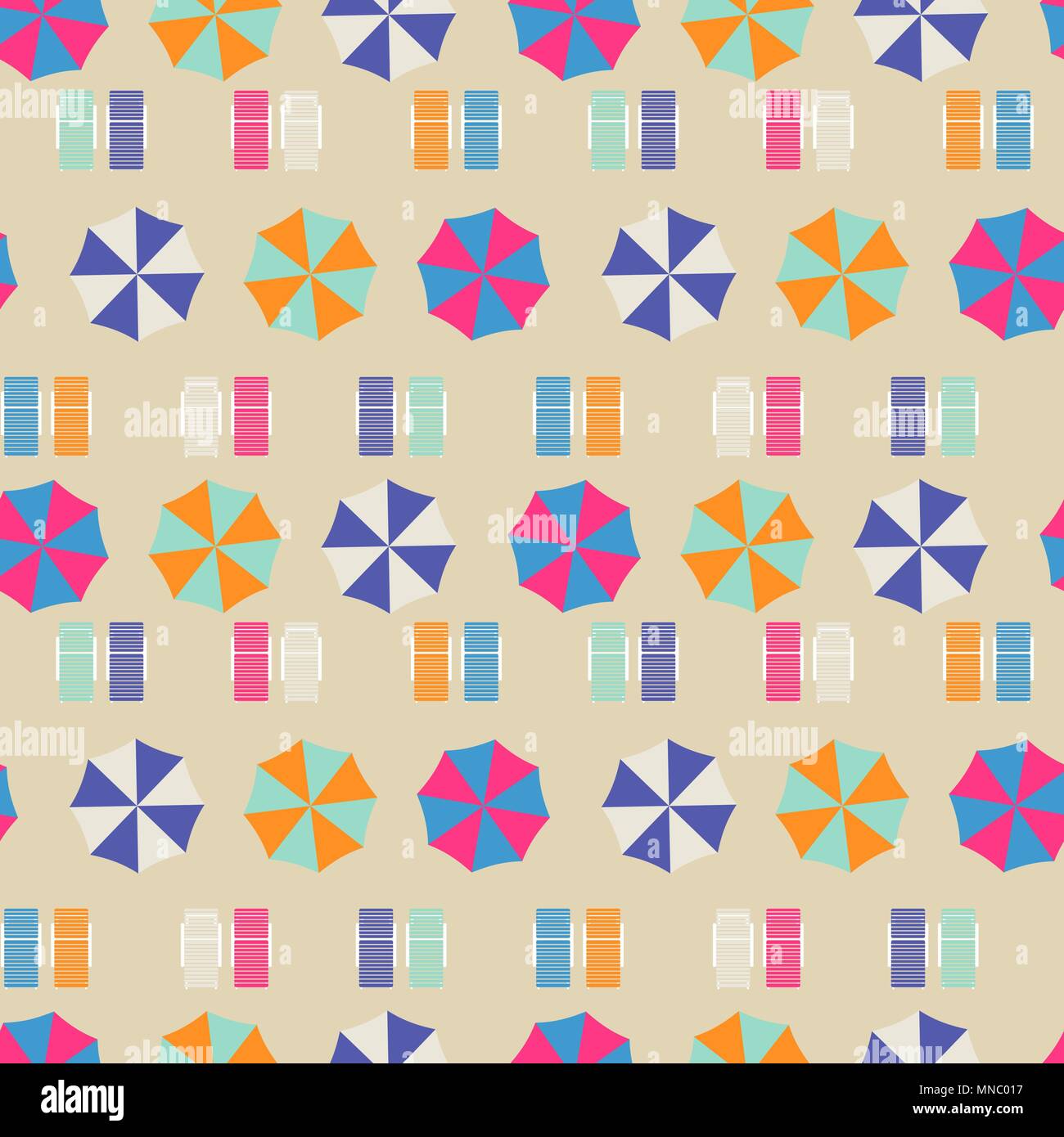 Beach umbrellas top view seamless vector pattern. Stock Vector