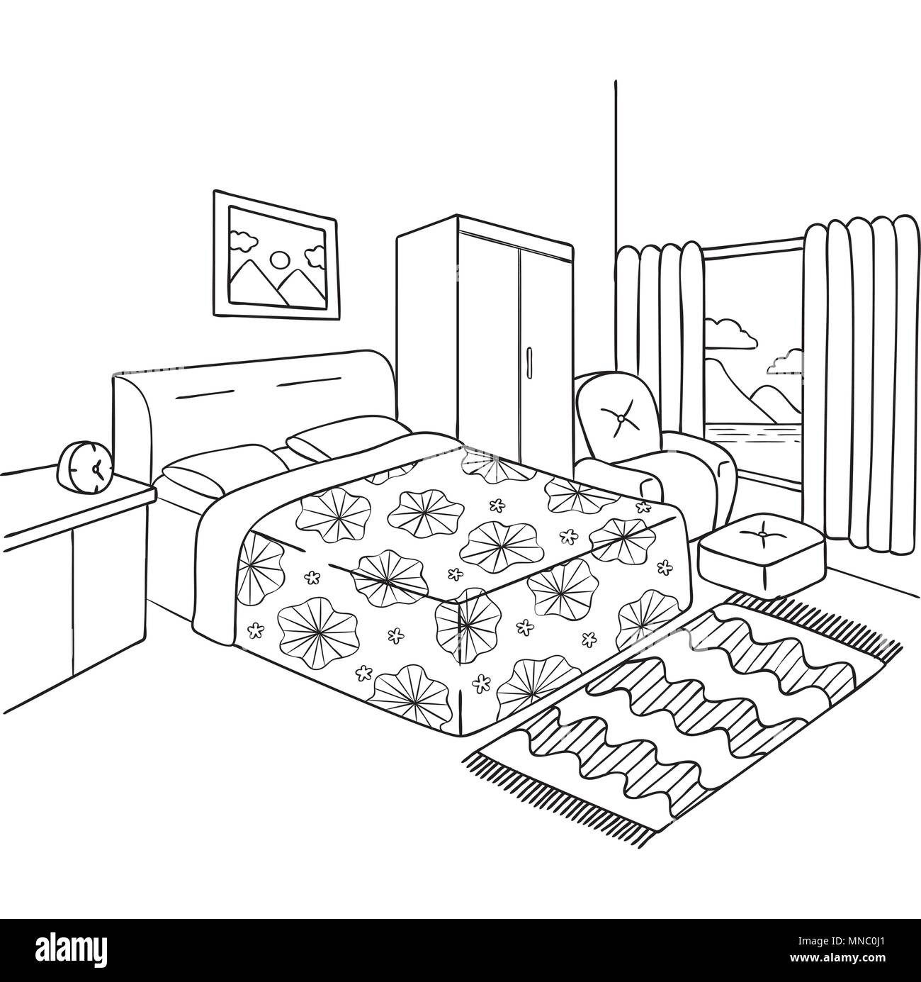 Hand drawn of bedroom for design element and adult coloring book page