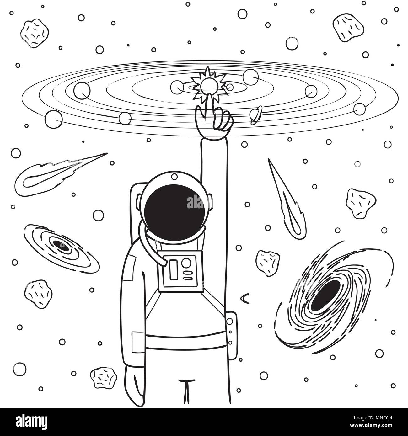 Hand drawn cute astronaut touch then sun and balance the solar system, design for design element and coloring book page for kids and adult,vector illu Stock Vector