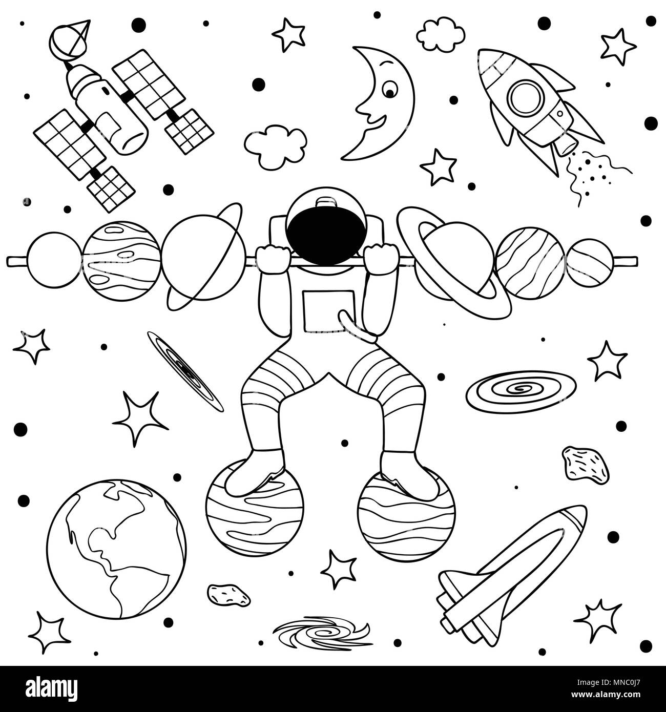 Funny astronaut standing on planets doing weight lifting in space design for print,illustration and coloring book page for kids and adult Stock Vector