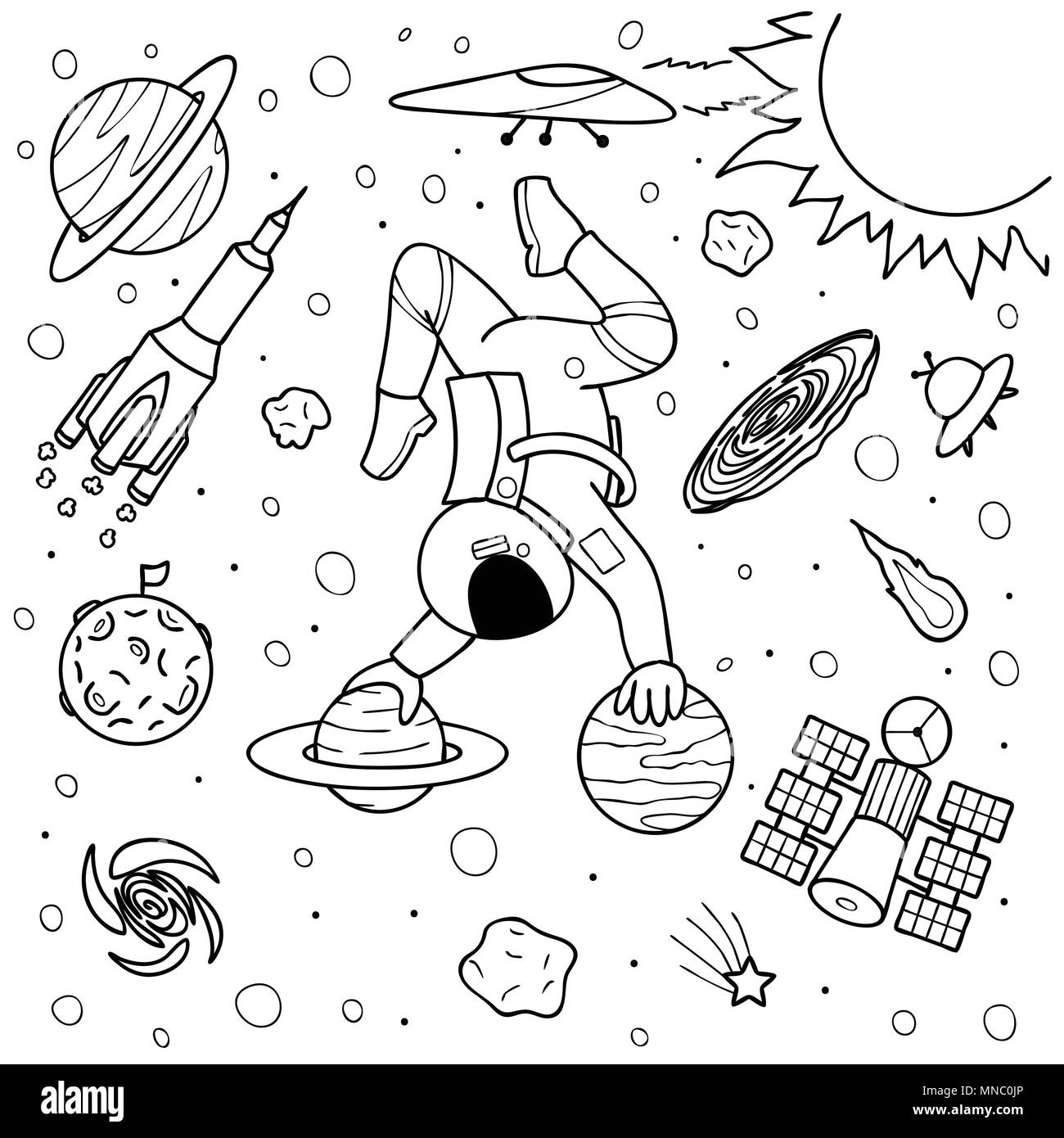 Funny astronaut doing yoga on planetsin space design for print,illustration and coloring book page for kids and adult Stock Vector