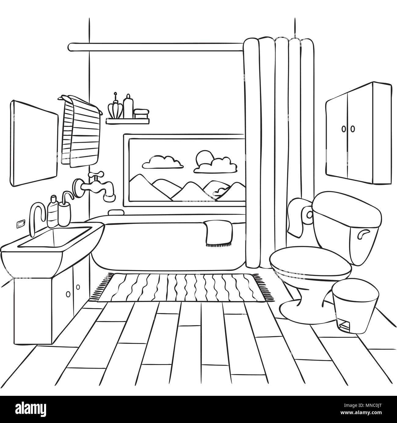 Hand drawn bathroom for design element and coloring book page for kids and adult. Vector illustration. Stock Vector