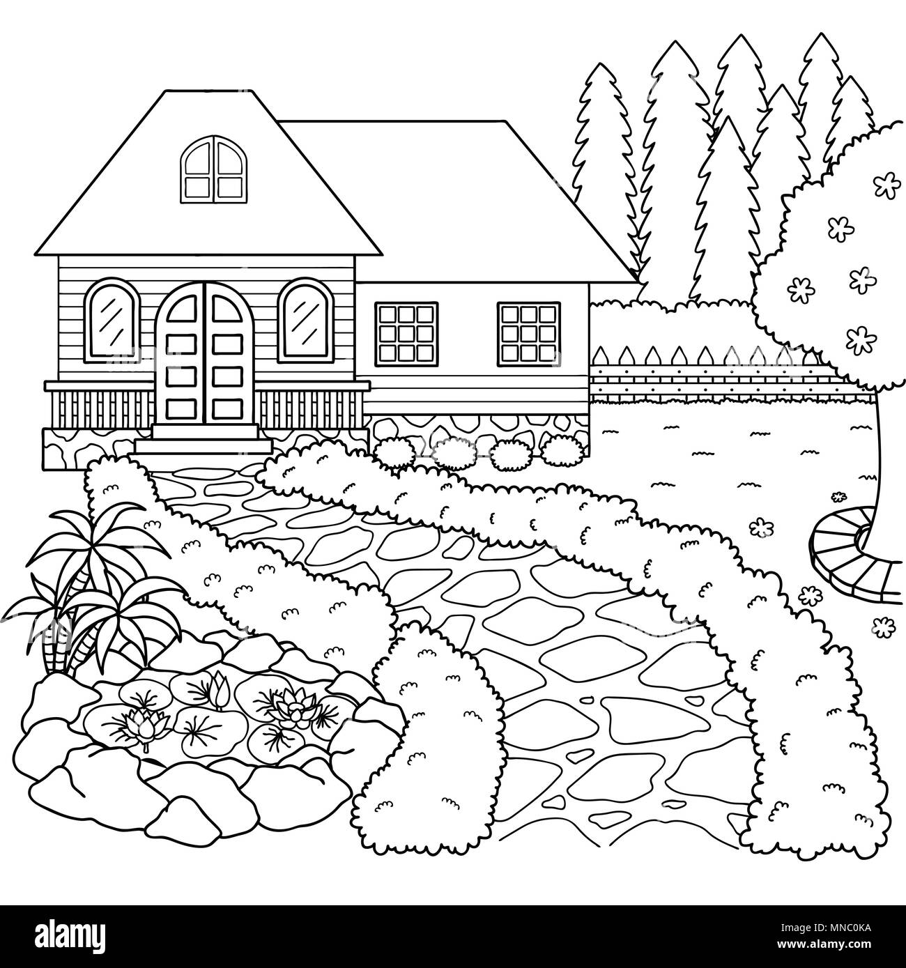 Hand drawn beautiful house and garden for design element and coloring