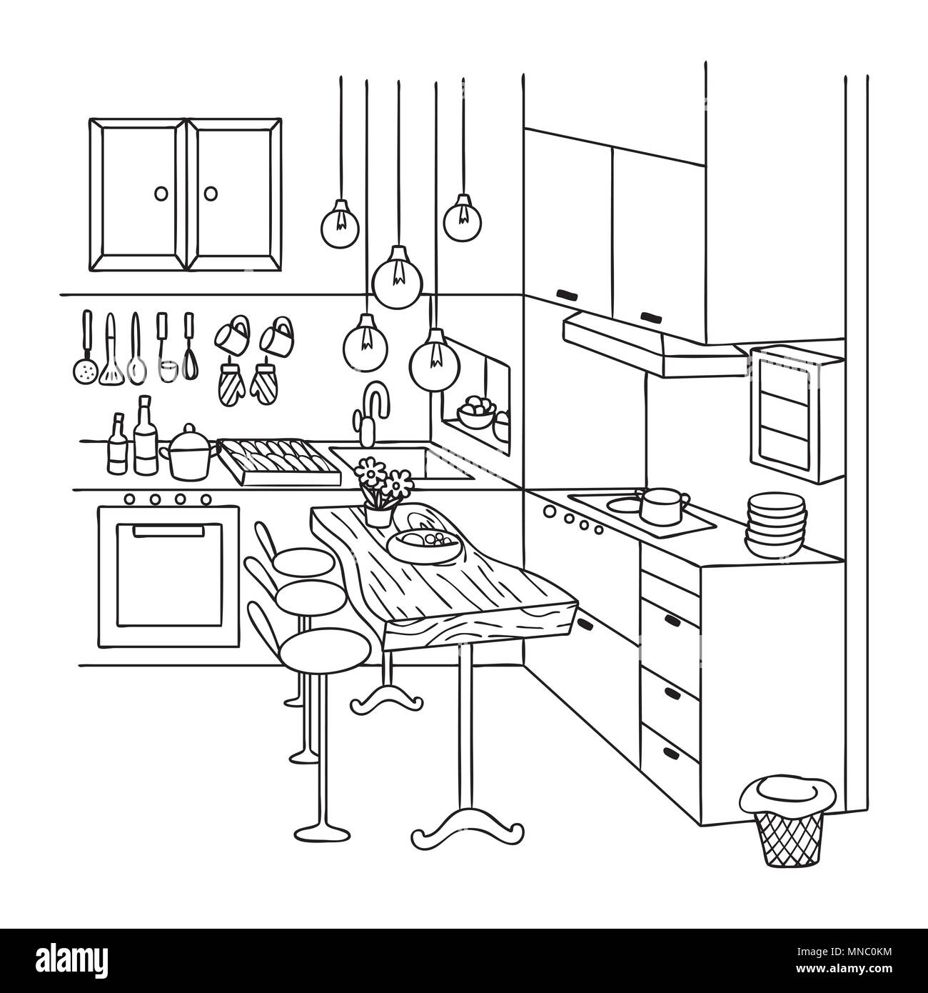 Hand drawn of cute interior kitchen for design element and coloring book page.Vector illustration Stock Vector