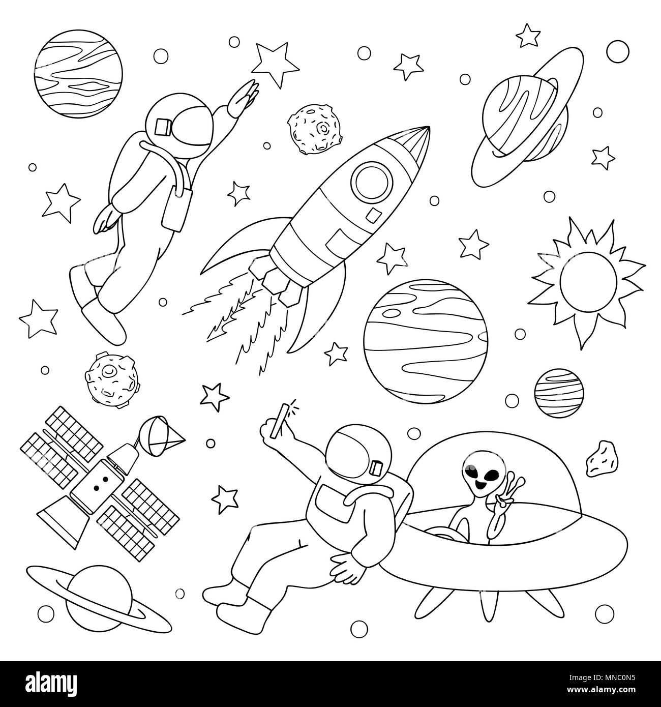 Hand drawn astronaut take a selfie with alien and play with stars on space for design element and coloring book page. Vector illustration Stock Vector