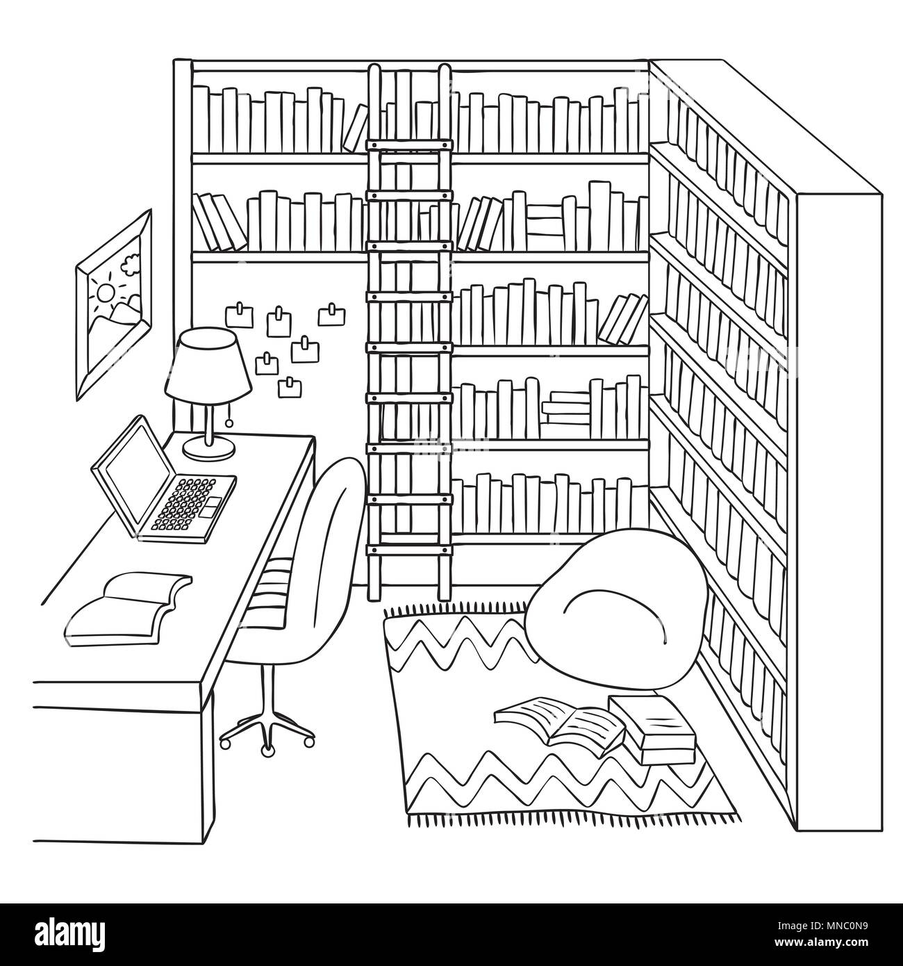 Hand drawn study or library room for design element and coloring book page. Vector illustration. Stock Vector