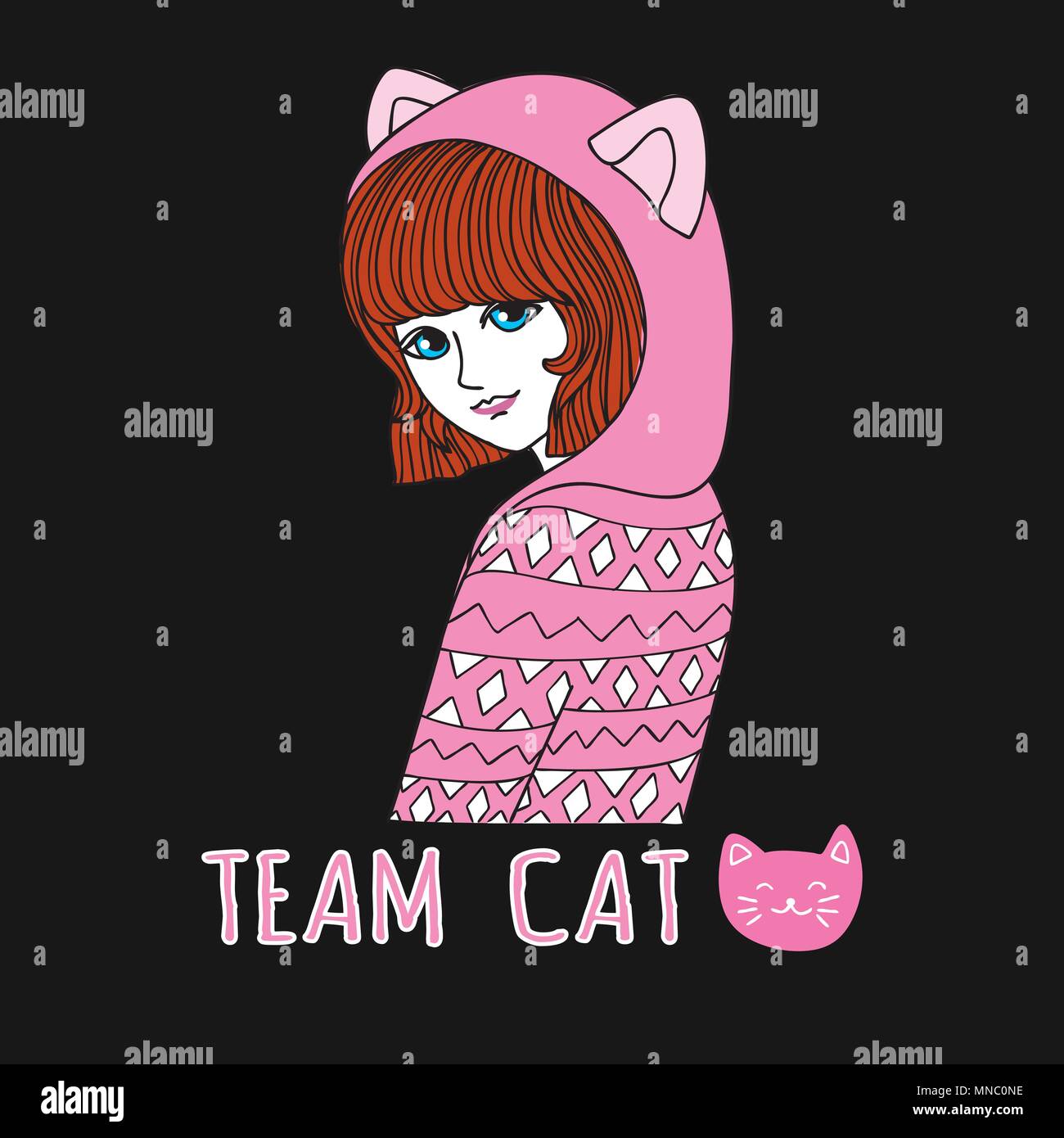 Vector art hand drawn of cute short hair girl wearing hoodie with cat ears for t shirt printing,with word ‘team cat’under her. Graphic tee and Printed Stock Vector