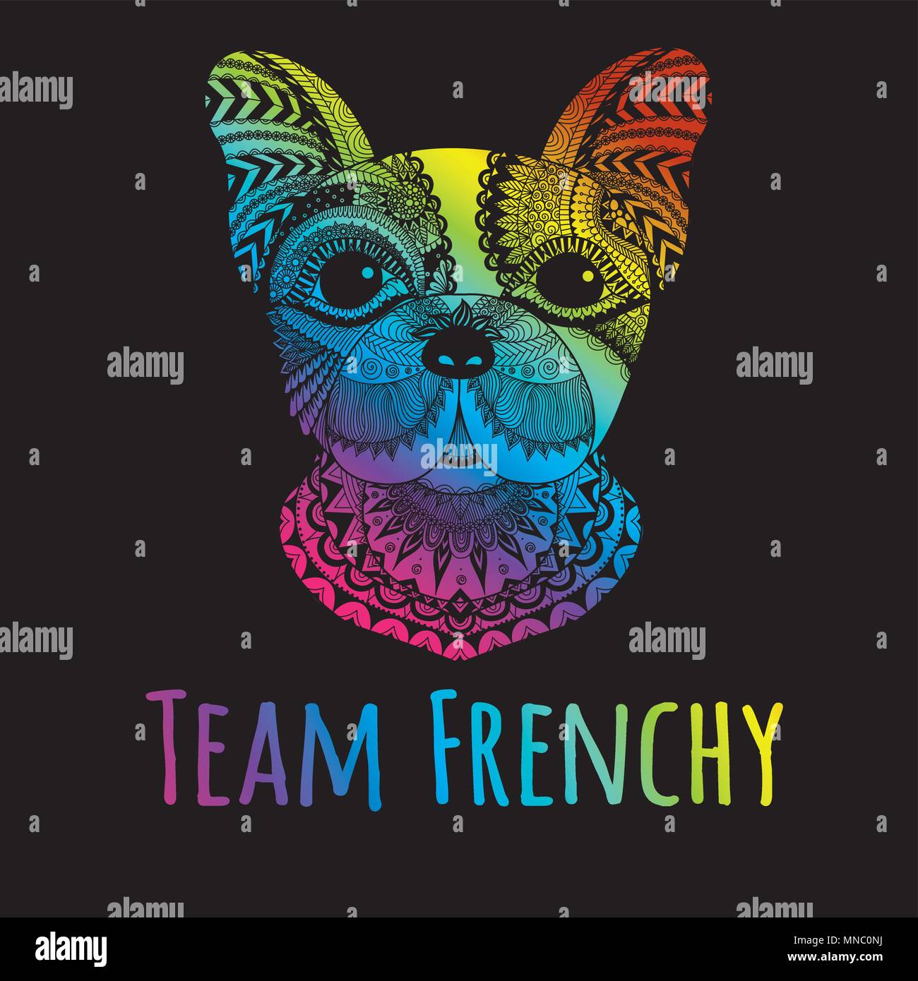 Hand drawn rainbow color typography slogan ’team frenchy’ under cute zendoodle french bulldogy puppy,vector illustration for t shirt printing and embr Stock Vector
