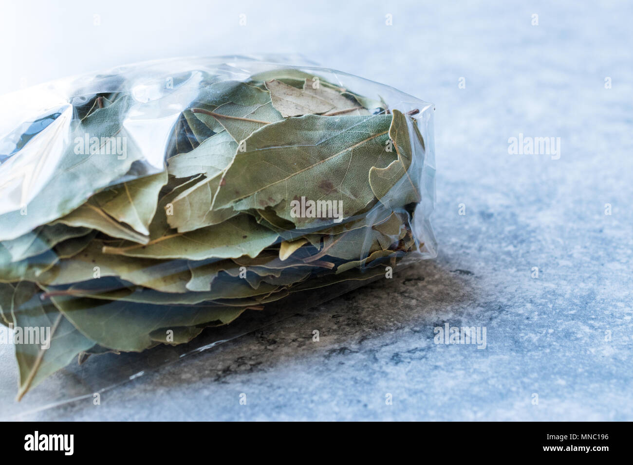 Daphne Leaves in Package from Laurel Tree. Organic Product. Stock Photo