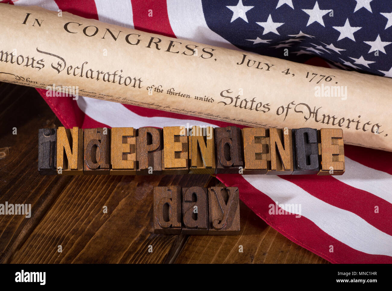 Independence Day Text Using Wooden Letters With The Declaration