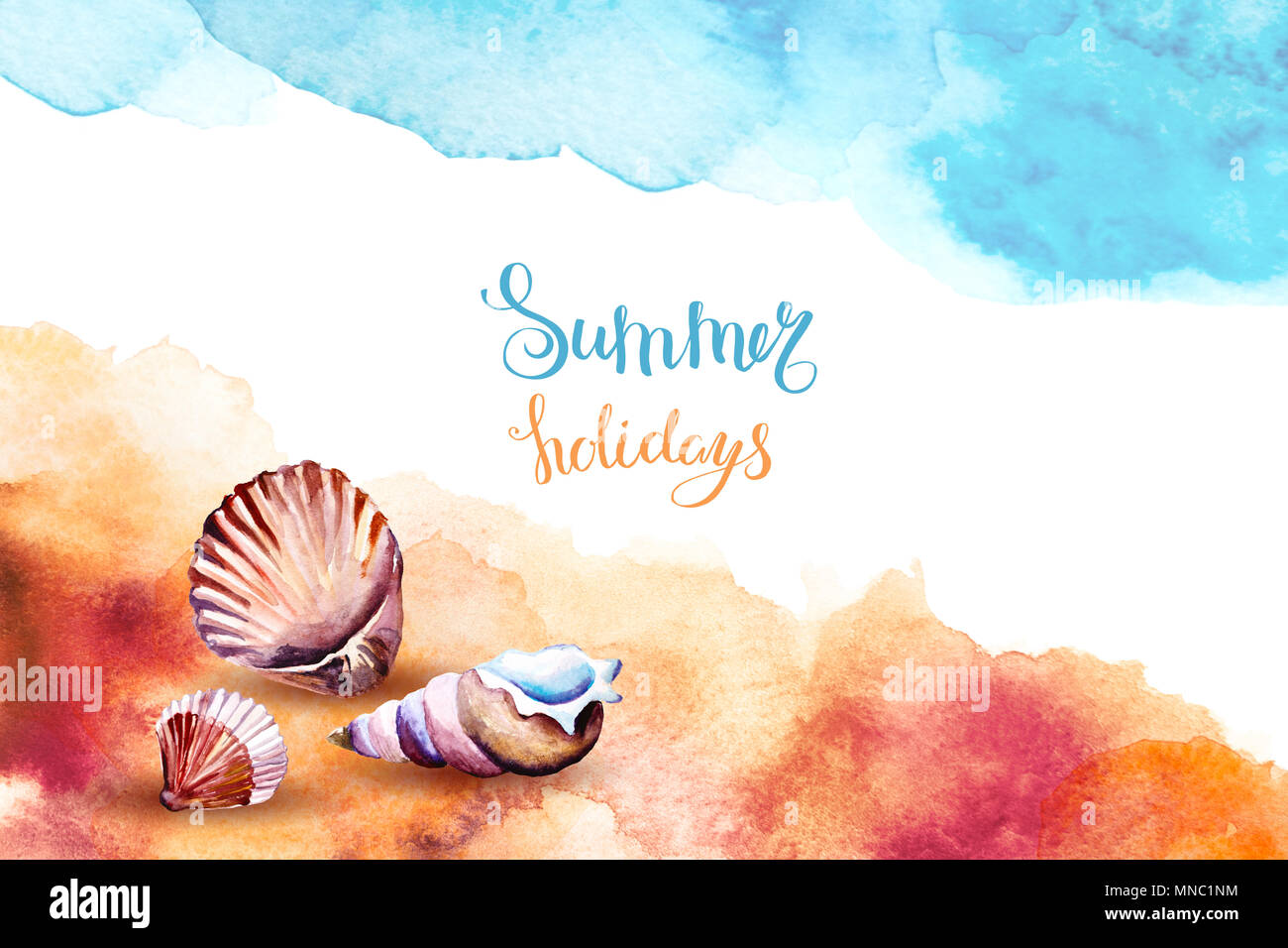 Watercolor illustration of a sea shells on a beach Stock Photo - Alamy
