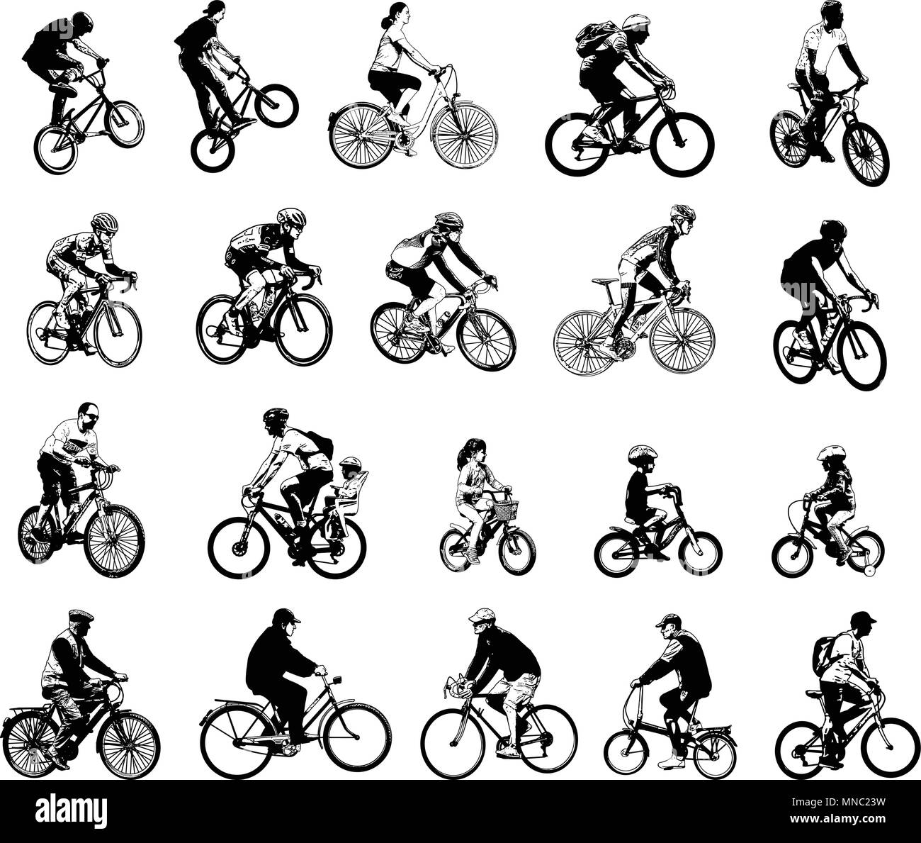 collection of 20 sketch bicyclists - vector Stock Vector