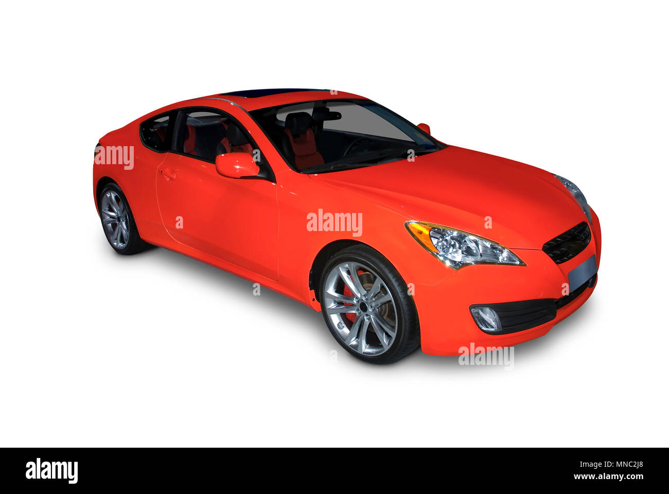 Brand new red sports car isolated on a white background. A realistic shadow under the car is