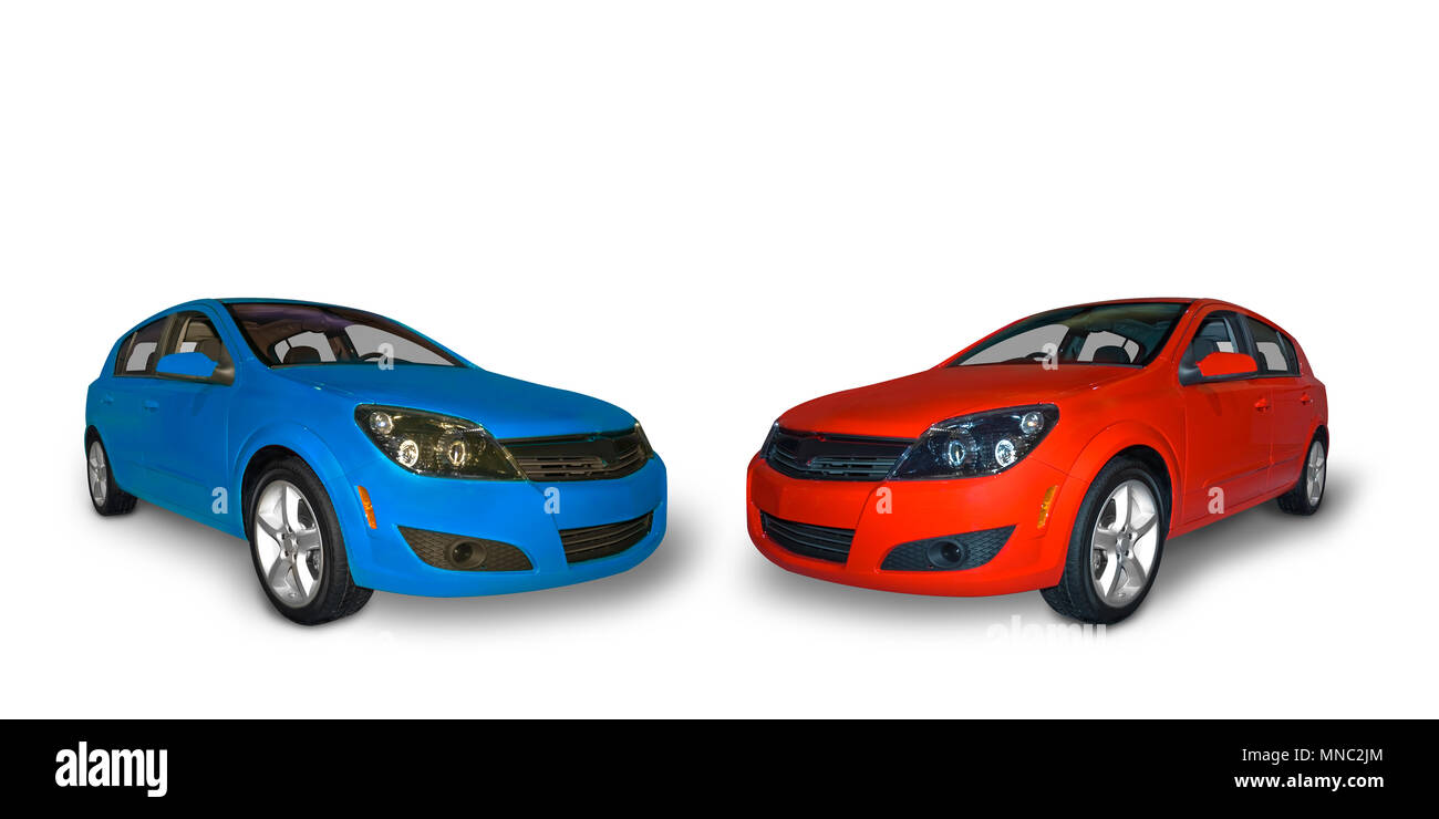 Bright red and a bright blue four door compact  hybrid cars isolated on a white background. A realistic shadow under the car is included. Stock Photo