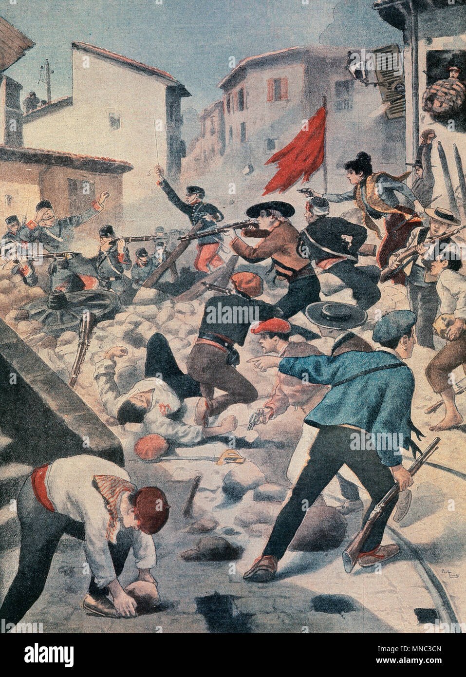 Barricade in the streets of Barcelona (Catalonia, Spain). Riots during the General Textile Strike in the city. February, 1902. Promoted by anarchist groups and labor movements. Gravure in 'Le Petit Journal', 9th March, 1902. Stock Photo