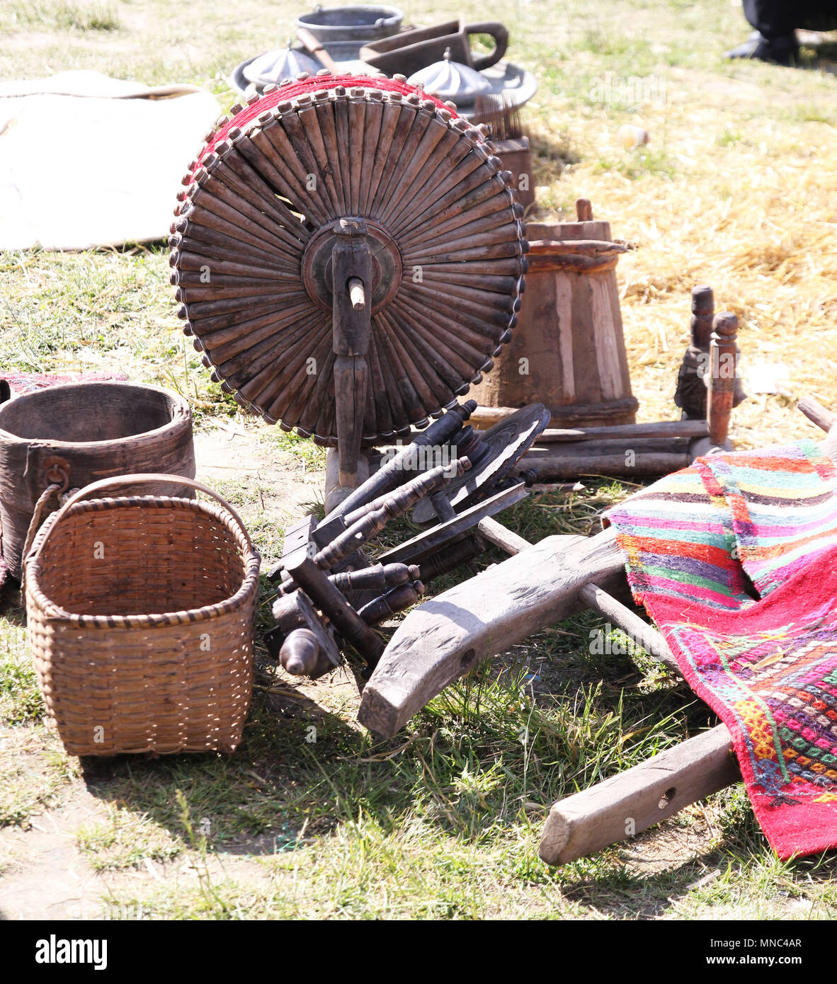 Old wooden distaff, spindle, spinning wheel Stock Photo Alamy