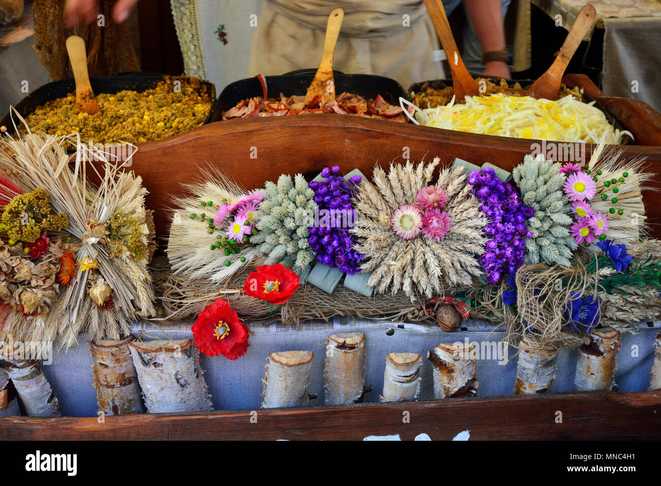 Food stall with flowers. Krakow, Poland Stock Photo