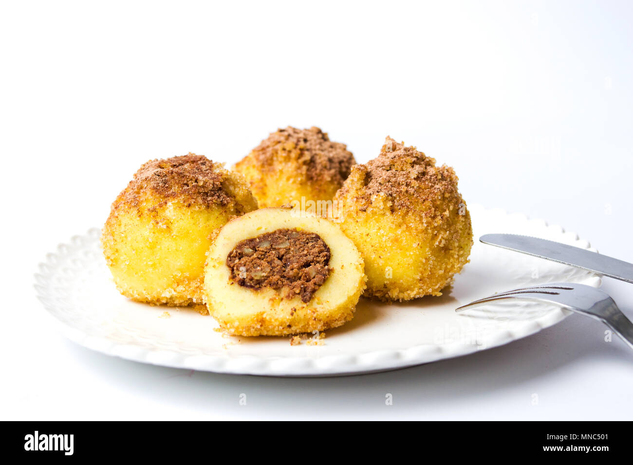Bread crumb dumplings stuffed with chocolate and nuts isolated Stock