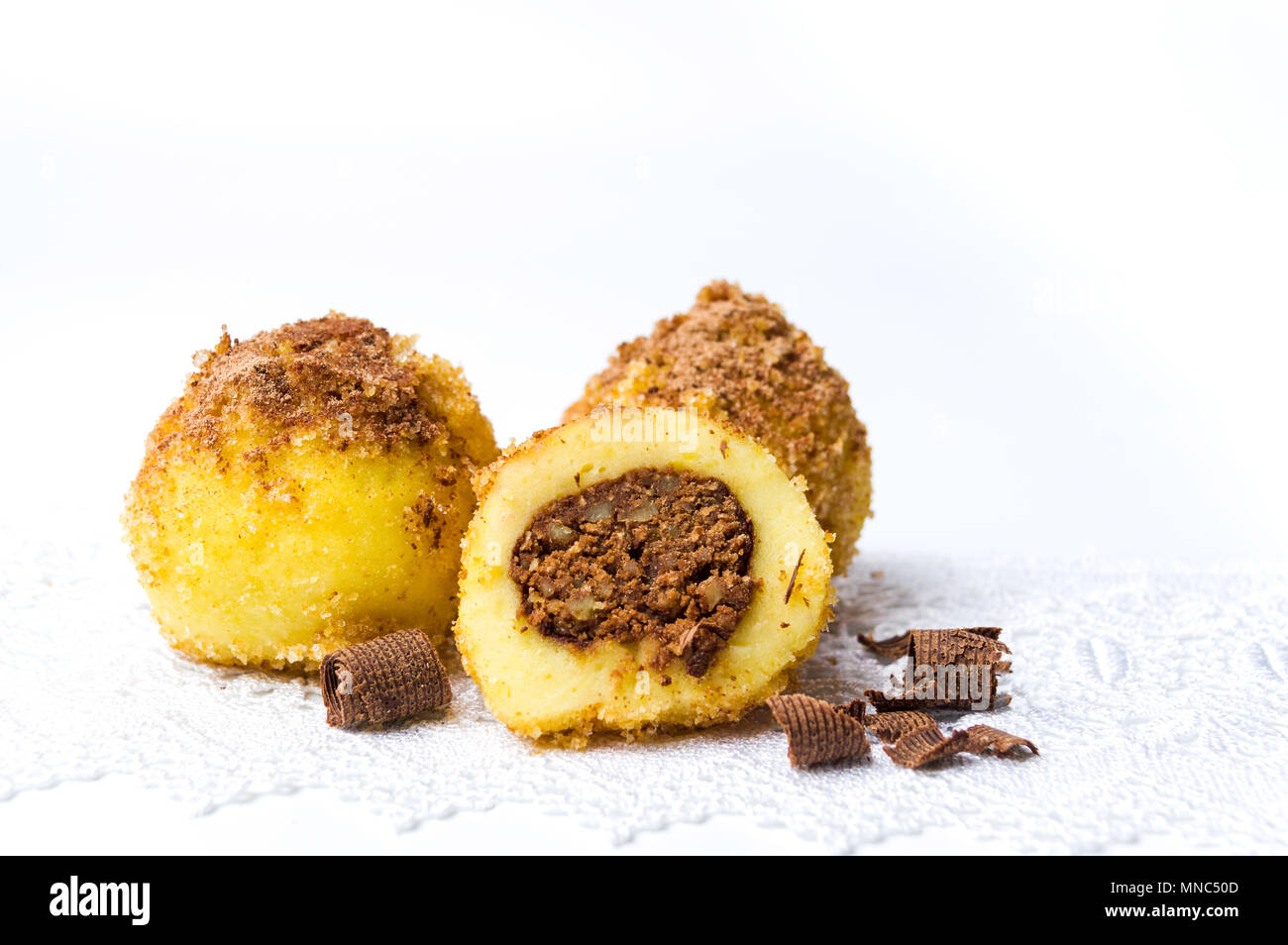 Bread crumb dumplings stuffed with chocolate and nuts isolated Stock