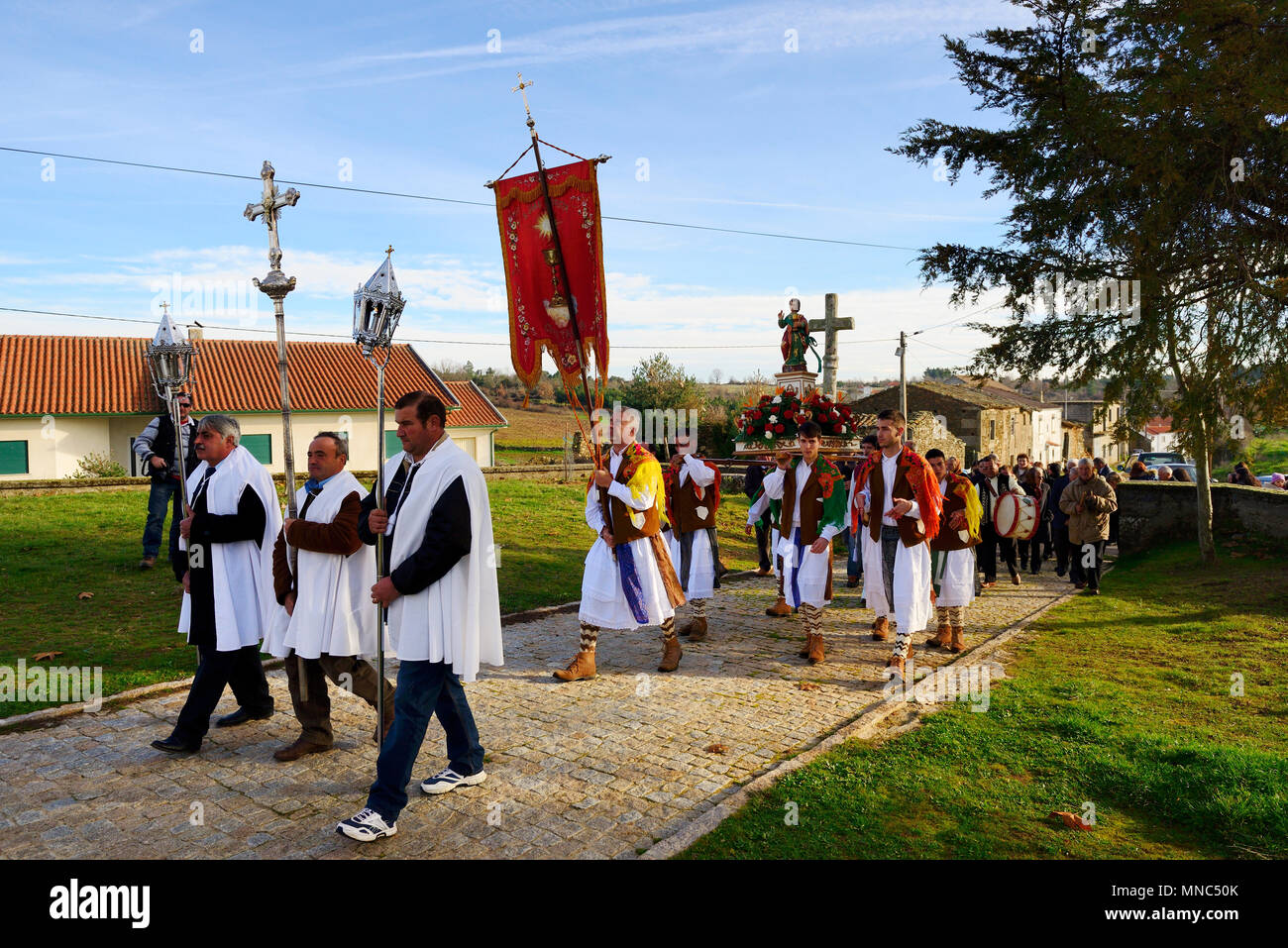 The procession during the Winter Solstice Festivities in Constantim. Tras-os-Montes, Portugal Stock Photo