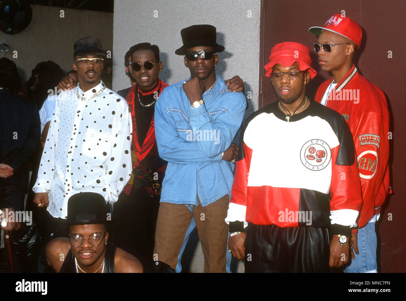 UNIVERSAL CITY, CA - SEPTEMBER 6: (L-R) Singers/musicians Ralph Tresvant, Ricky Bell, Johnny Gill, Bobby Brown, RIcky Bell, Michael Bivinsand Ronnie DeVoe of New Edition attend the Seventh Annual MTV Video Music Awards on September 6, 1990 at Universal Amphitheatre in Universal City, California. Photo by Barry King/Alamy Stock Photo Stock Photo