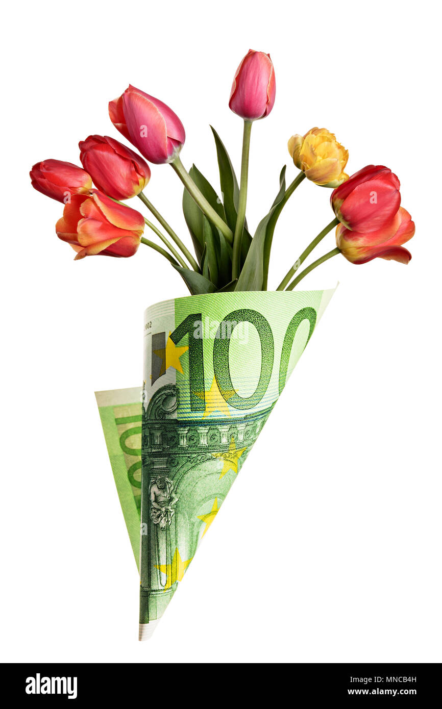 Paper bag out of one hundred euros with tulip flowers isolated on a white background Stock Photo